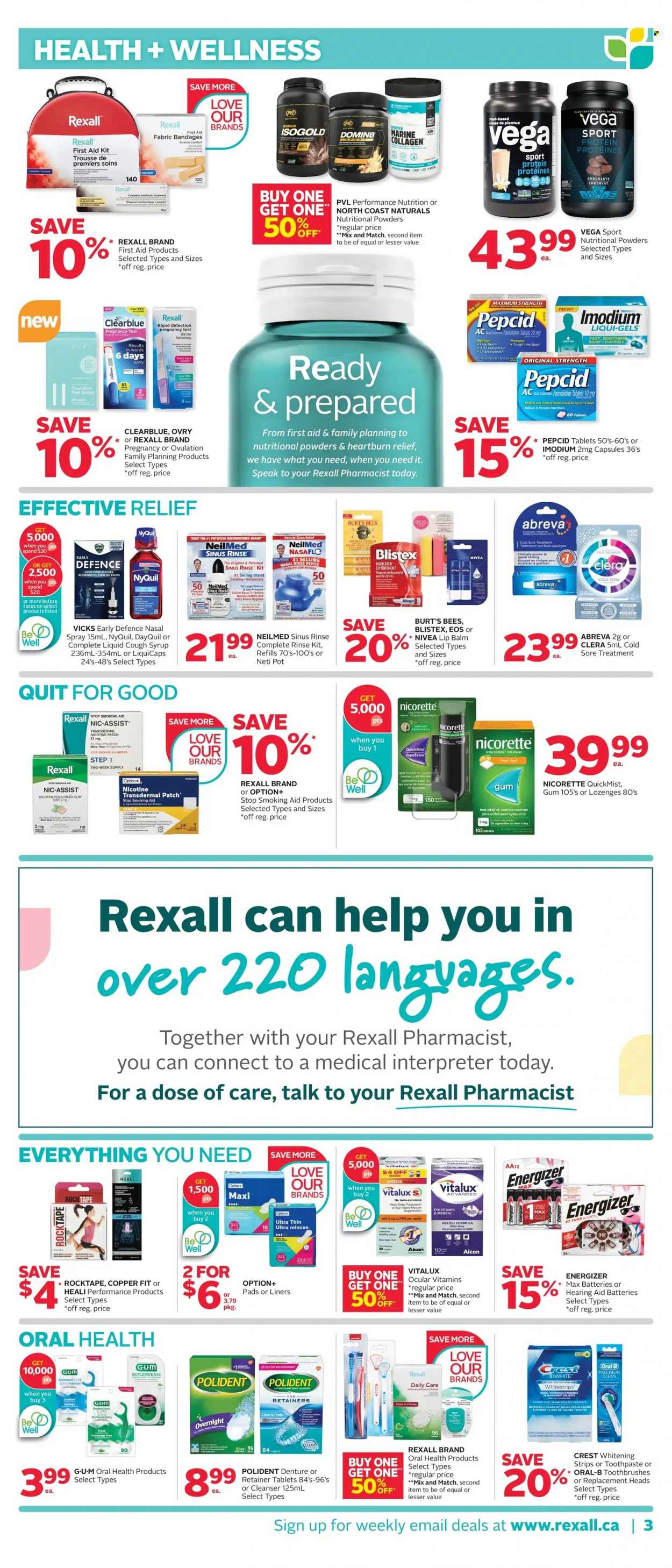 thumbnail - Rexall Flyer - March 17, 2023 - March 23, 2023 - Sales products - chocolate, syrup, Nivea, ointment, toothpaste, Polident, Crest, sanitary pads, Abreva, cleanser, Clinique, lip balm, Vicks, pot, battery, DayQuil, Nicorette, Pepcid, NyQuil, nasal spray, first aid kit, pregnancy test, Energizer, Imodium, Oral-B. Page 3.