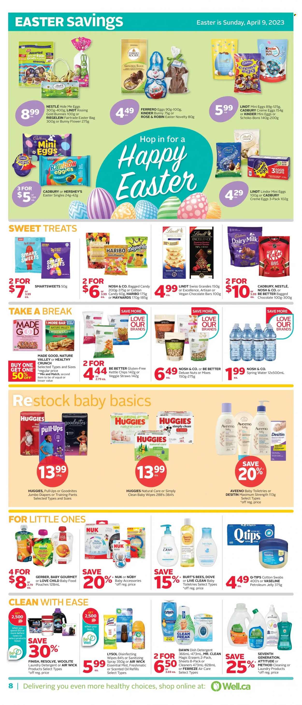 thumbnail - Rexall Flyer - March 17, 2023 - March 23, 2023 - Sales products - Dove, Haribo, Kinder Surprise, Hershey's, Cadbury, Dairy Milk, chocolate bar, Gerber, chips, veggie straws, Kettle chips, cane sugar, jalapeño, granola bar, Nature Valley, pistachios, spring water, water, rosé wine, wipes, pants, baby wipes, nappies, Nuk, baby pants, Aveeno, Mickey Mouse, petroleum jelly, Febreze, Lysol, Woolite, laundry detergent, dishwasher cleaner, Vaseline, Air Wick, scented oil, Desitin, detergent, Nestlé, shampoo, Huggies, Lindt, Lindor, Ferrero Rocher. Page 8.