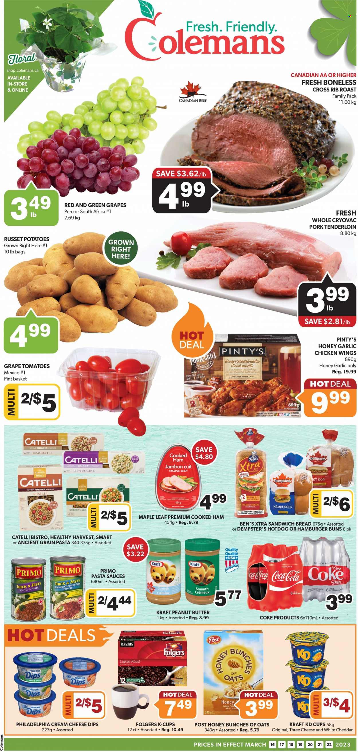 thumbnail - Colemans Flyer - March 16, 2023 - March 22, 2023 - Sales products - bread, hot dog rolls, buns, burger buns, russet potatoes, potatoes, onion, spaghetti, hot dog, pasta sauce, pasta, Kraft®, roast, cooked ham, ham, cream cheese, cheddar, chicken wings, dill pickle, dill, spice, peanut butter, Coca-Cola, Coke, coffee, Folgers, coffee capsules, K-Cups, Keurig, chicken, pork meat, pork tenderloin, XTRA, Philadelphia. Page 1.