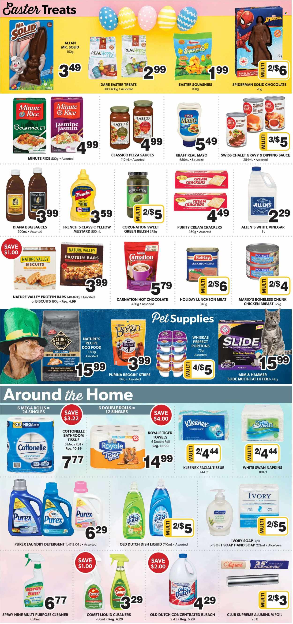 thumbnail - Colemans Flyer - March 16, 2023 - March 22, 2023 - Sales products - garlic, pineapple, oranges, beef gravy, Kraft®, lunch meat, eggs, mayonnaise, strips, marshmallows, milk chocolate, crackers, biscuit, dark chocolate, jelly beans, ARM & HAMMER, protein bar, Nature Valley, basmati rice, rice, BBQ sauce, mustard, Classico, vinegar, honey, peanut butter, hot chocolate, Purity, chicken breasts, chicken, napkins, Baby Soft, Spiderman, bath tissue, Cottonelle, Kleenex, toilet paper, cleaner, bleach, laundry detergent, Purex, dishwashing liquid, Softsoap, hand soap, soap, Absolute, detergent, Nestlé, Whiskas, desinfection. Page 4.