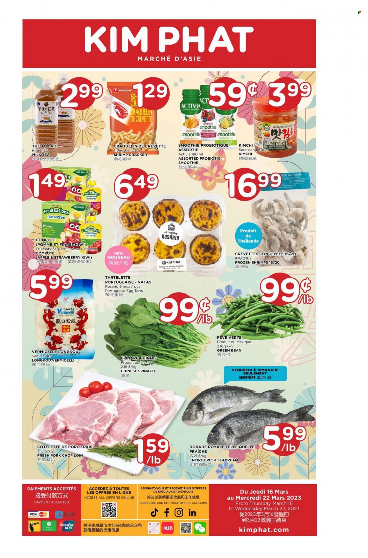 thumbnail - Kim Phat Flyer - March 16, 2023 - March 22, 2023 - Sales products - cabbage, spinach, pineapple, Mott's, seabream, shrimps, custard, Activia, milk, eggs, Mars, crackers, compote, smoothie, tea, pork chops, pork meat, kiwi. Page 1.