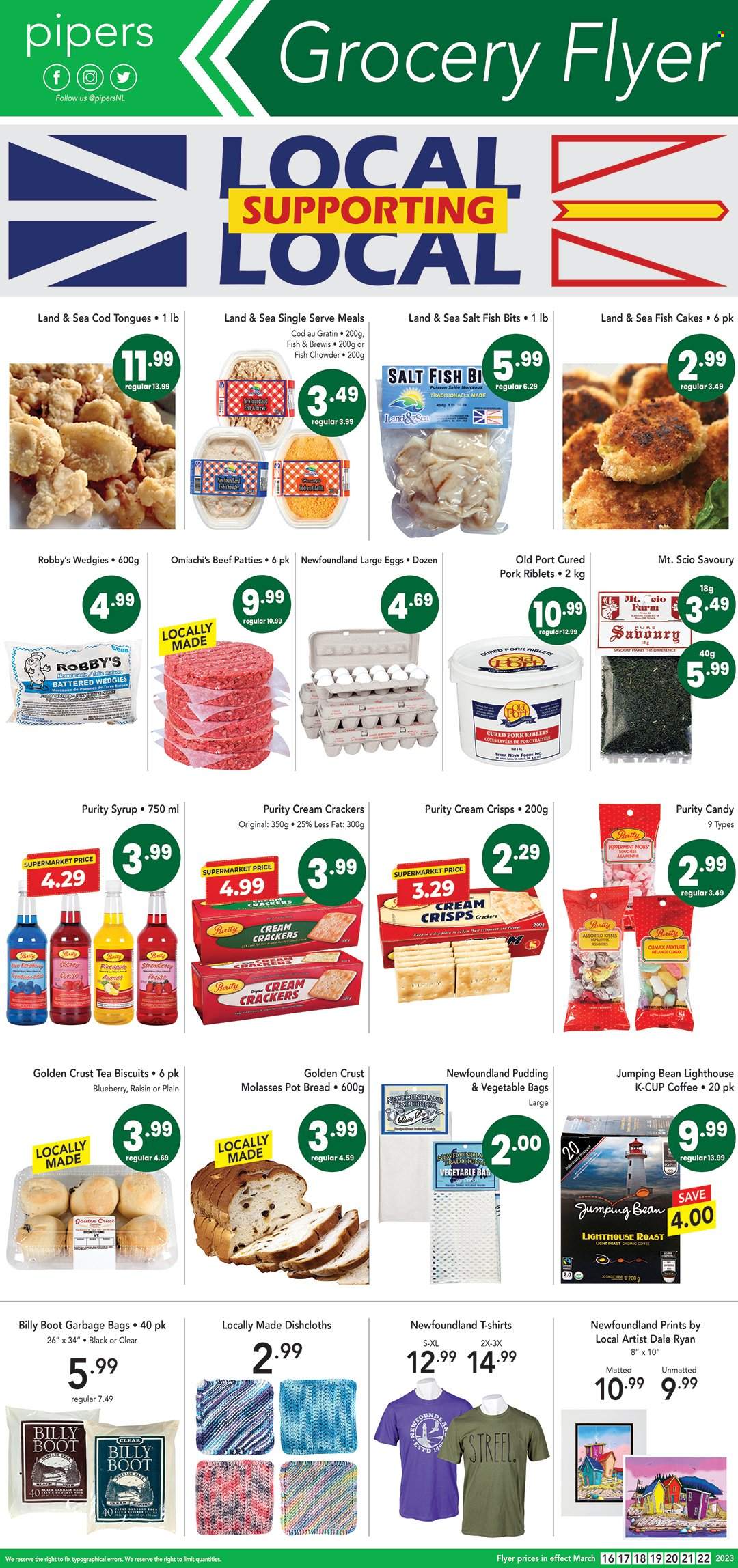 thumbnail - Pipers Flyer - March 16, 2023 - March 22, 2023 - Sales products - bread, pineapple, cod, roast, pudding, large eggs, fish cake, crackers, biscuit, chips, strawberry jam, molasses, fruit jam, syrup, tea, organic coffee, coffee capsules, K-Cups, Purity, pot, t-shirt, boots. Page 1.
