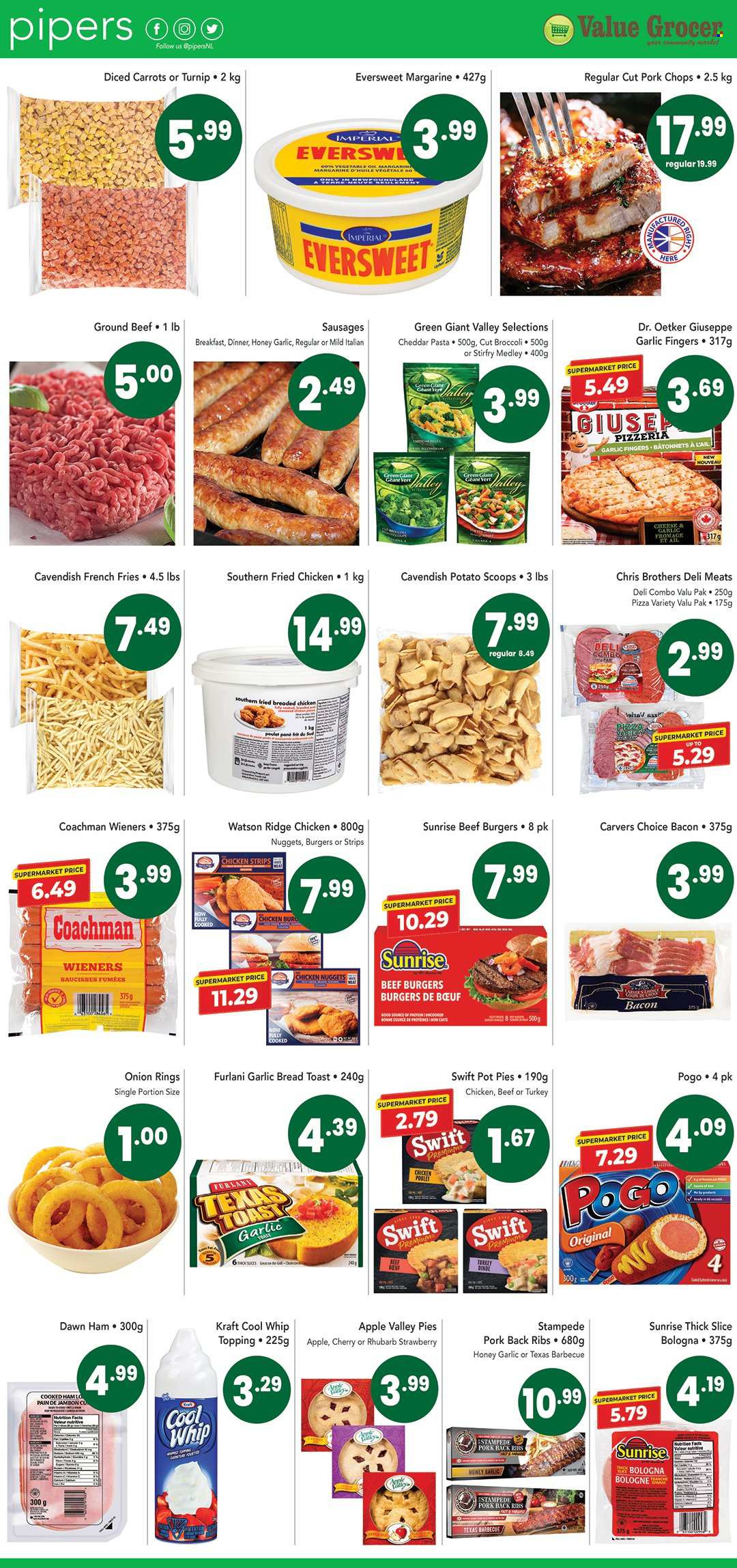 thumbnail - Pipers Flyer - March 16, 2023 - March 22, 2023 - Sales products - bread, pot pie, broccoli, carrots, rhubarb, cherries, pizza, onion rings, nuggets, hamburger, pasta, fried chicken, chicken nuggets, beef burger, Kraft®, bacon, cooked ham, ham, bologna sausage, sausage, cheddar, Dr. Oetker, margarine, Cool Whip, strips, chicken strips, potato fries, french fries, topping, vegetable oil, oil, honey, BROTHERS, chicken, turkey, beef meat, ground beef, ribs, pork chops, pork meat, pork ribs, pork back ribs, pen. Page 2.