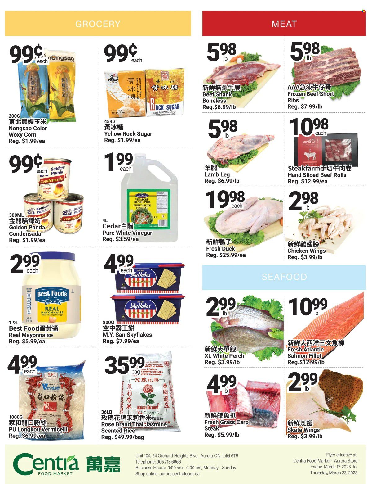 thumbnail - Centra Food Market Flyer - March 17, 2023 - March 23, 2023 - Sales products - corn, salmon, salmon fillet, perch, seafood, carp, eggs, cage free eggs, mayonnaise, chicken wings, Skyflakes, rice, vinegar, rosé wine, chicken, beef meat, beef ribs, beef shank, steak, ribs, lamb meat, lamb leg, bag. Page 4.