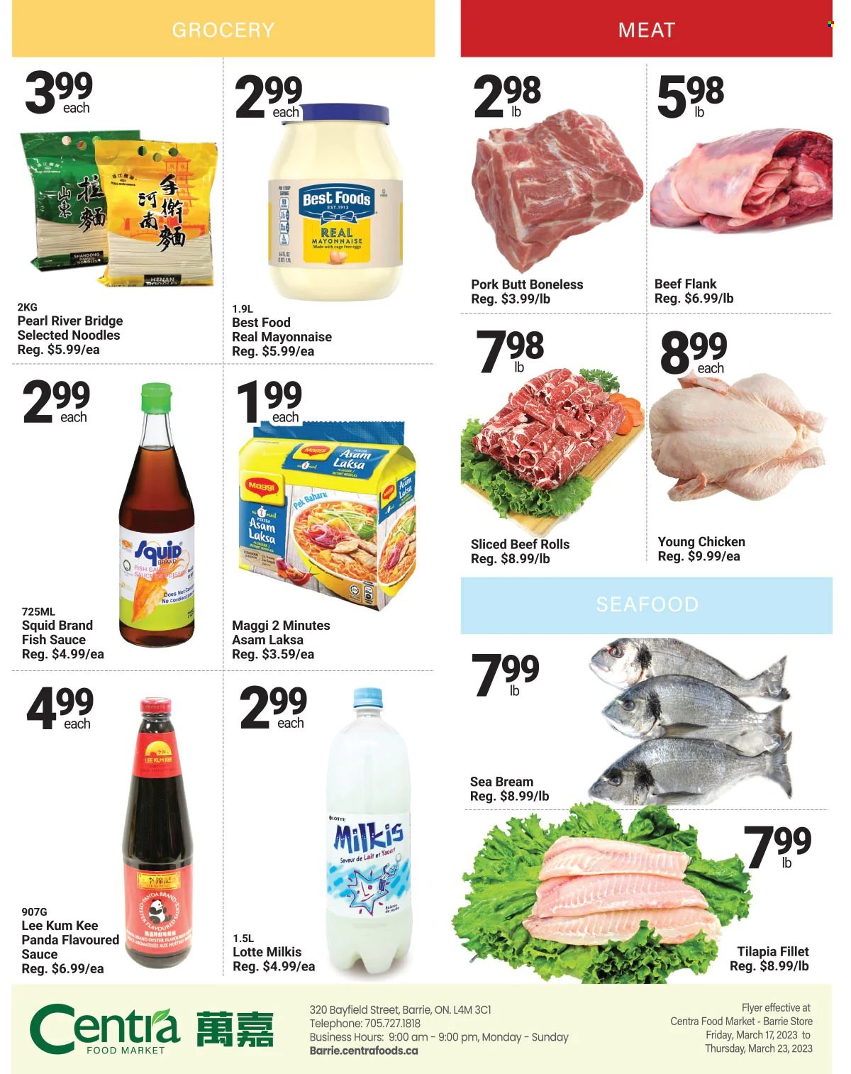 thumbnail - Centra Food Market Flyer - March 17, 2023 - March 23, 2023 - Sales products - squid, tilapia, oysters, seafood, fish, seabream, sauce, noodles, eggs, cage free eggs, mayonnaise, Maggi, fish sauce, Lee Kum Kee, chicken, pork butt. Page 4.