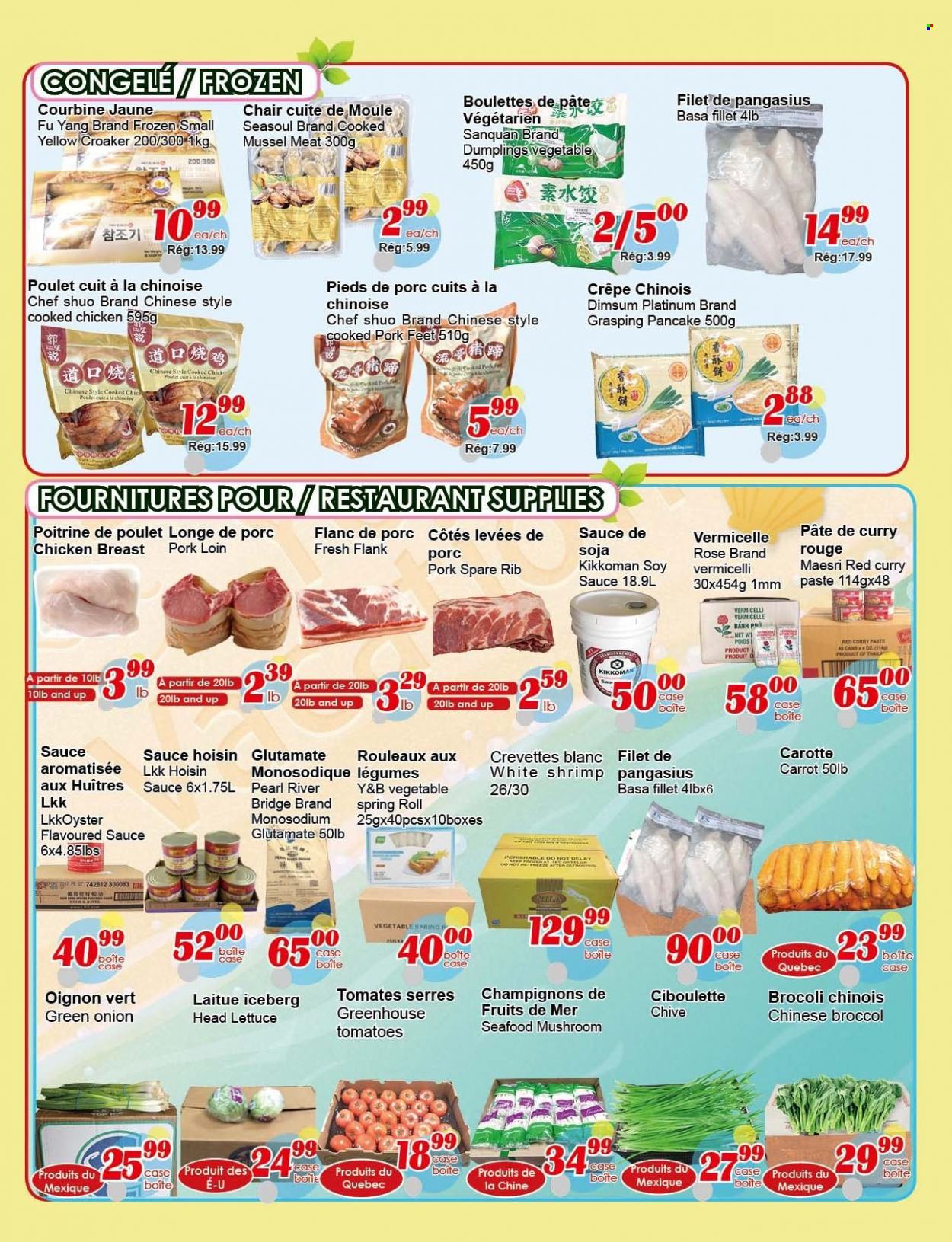 thumbnail - Marché C&T Flyer - March 16, 2023 - March 22, 2023 - Sales products - mushrooms, tomatoes, onion, lettuce, green onion, mussels, pangasius, seafood, shrimps, sauce, pancakes, dumplings, red curry, curry paste, soy sauce, hoisin sauce, Kikkoman, tea, rosé wine, chicken breasts, chicken, pork loin, pork meat. Page 3.