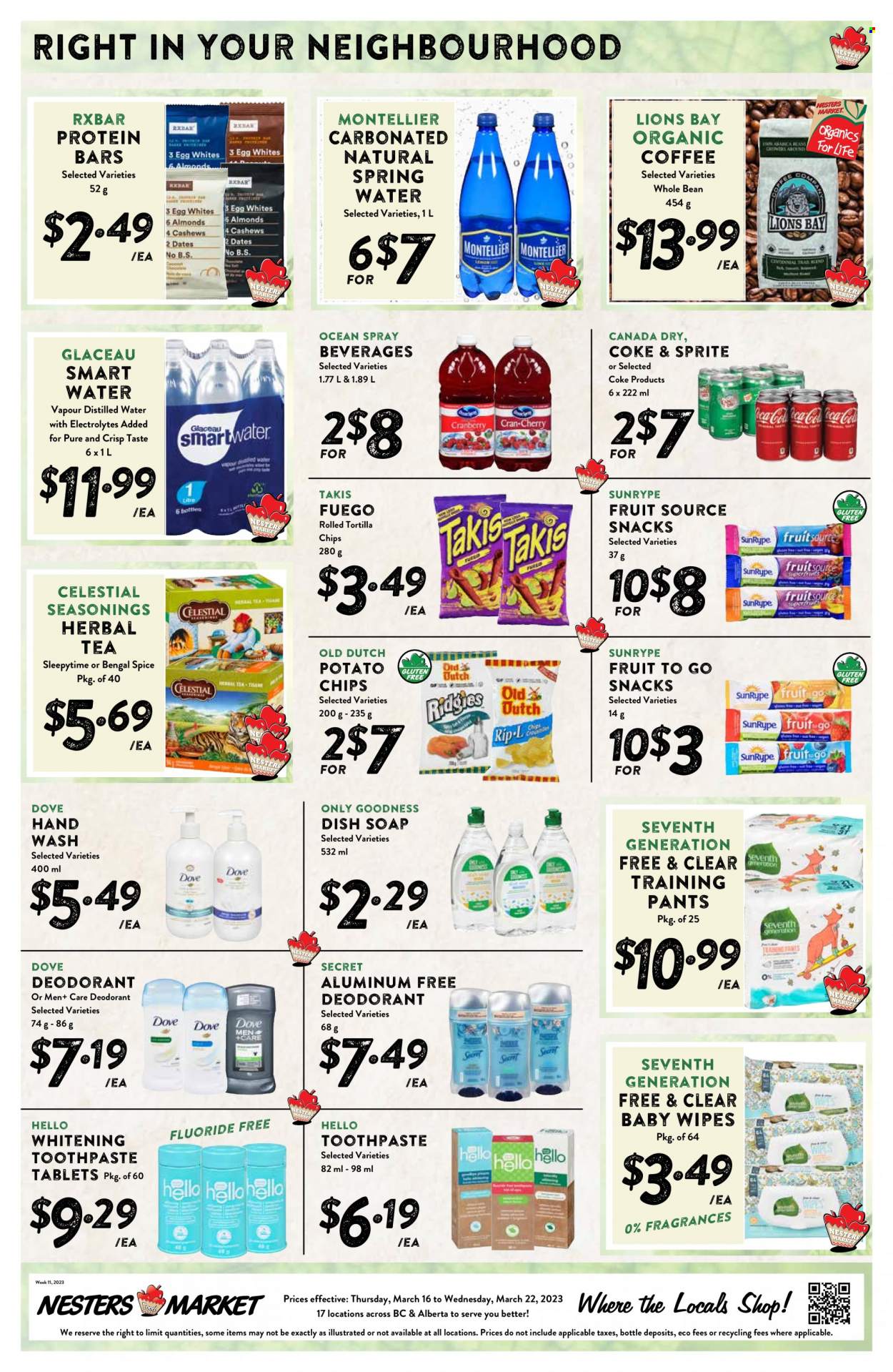 thumbnail - Nesters Food Market Flyer - March 16, 2023 - March 22, 2023 - Sales products - Dove, snack, tortilla chips, potato chips, chips, protein bar, spice, Canada Dry, Coca-Cola, Sprite, Coke, spring water, Smartwater, water, tea, herbal tea, organic coffee, wipes, pants, baby wipes, baby pants, hand wash, soap, toothpaste, anti-perspirant, deodorant. Page 9.