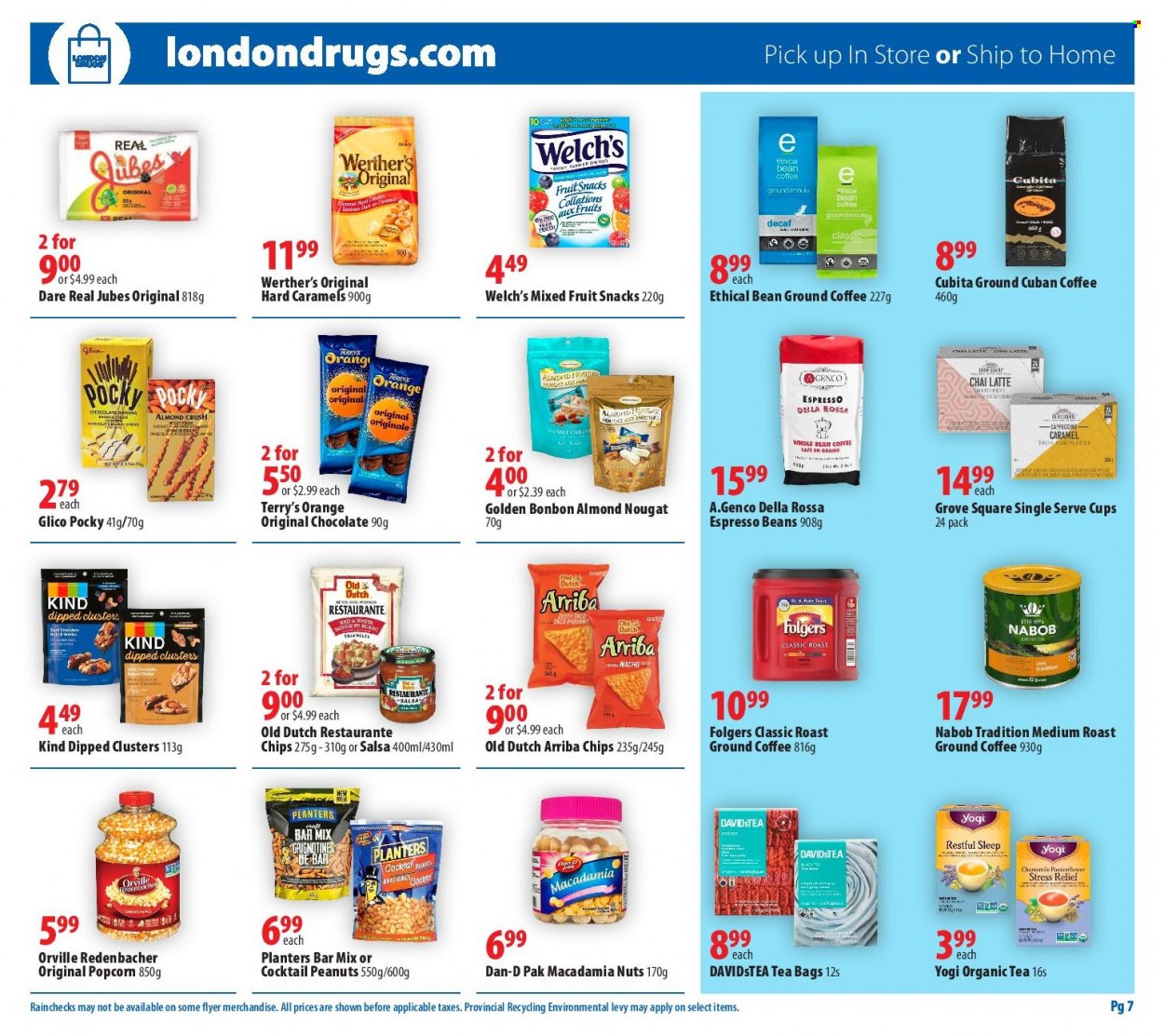 thumbnail - London Drugs Flyer - March 17, 2023 - March 22, 2023 - Sales products - chocolate, Welch's, fruit snack, chips, popcorn, Dan-D Pak, caramel, salsa, macadamia nuts, peanuts, Planters, tea bags, coffee, Folgers, ground coffee, cup, nougat. Page 7.