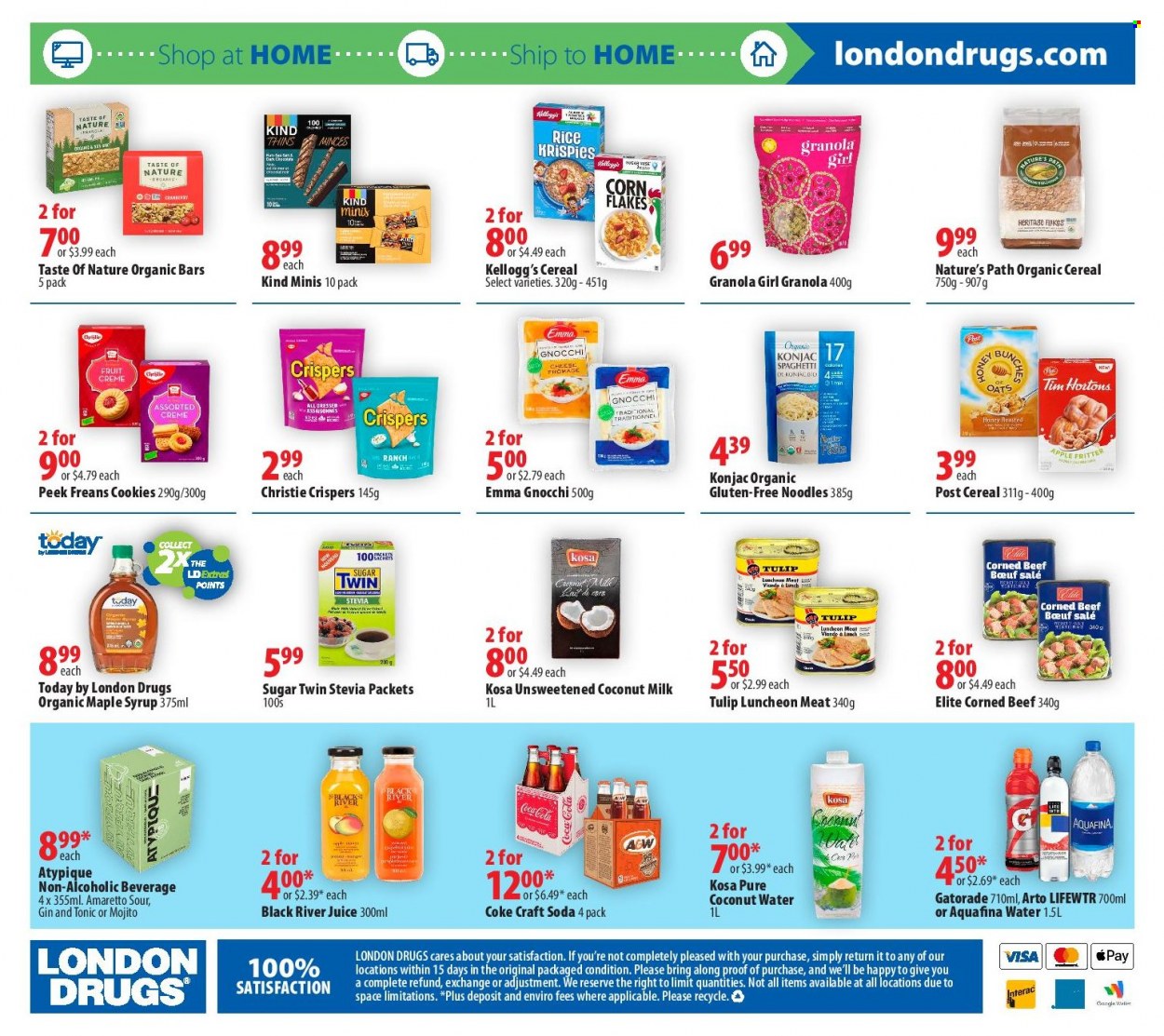 thumbnail - London Drugs Flyer - March 17, 2023 - March 22, 2023 - Sales products - cookies, Kellogg's, Thins, sugar, oats, stevia, coconut milk, corned beef, cereals, corn flakes, Rice Krispies, spaghetti, noodles, maple syrup, honey, syrup, Coca-Cola, juice, coconut water, Gatorade, Coke, Aquafina, soda, Lifewtr, water, Amaretto, gin, gin & tonic, granola. Page 8.