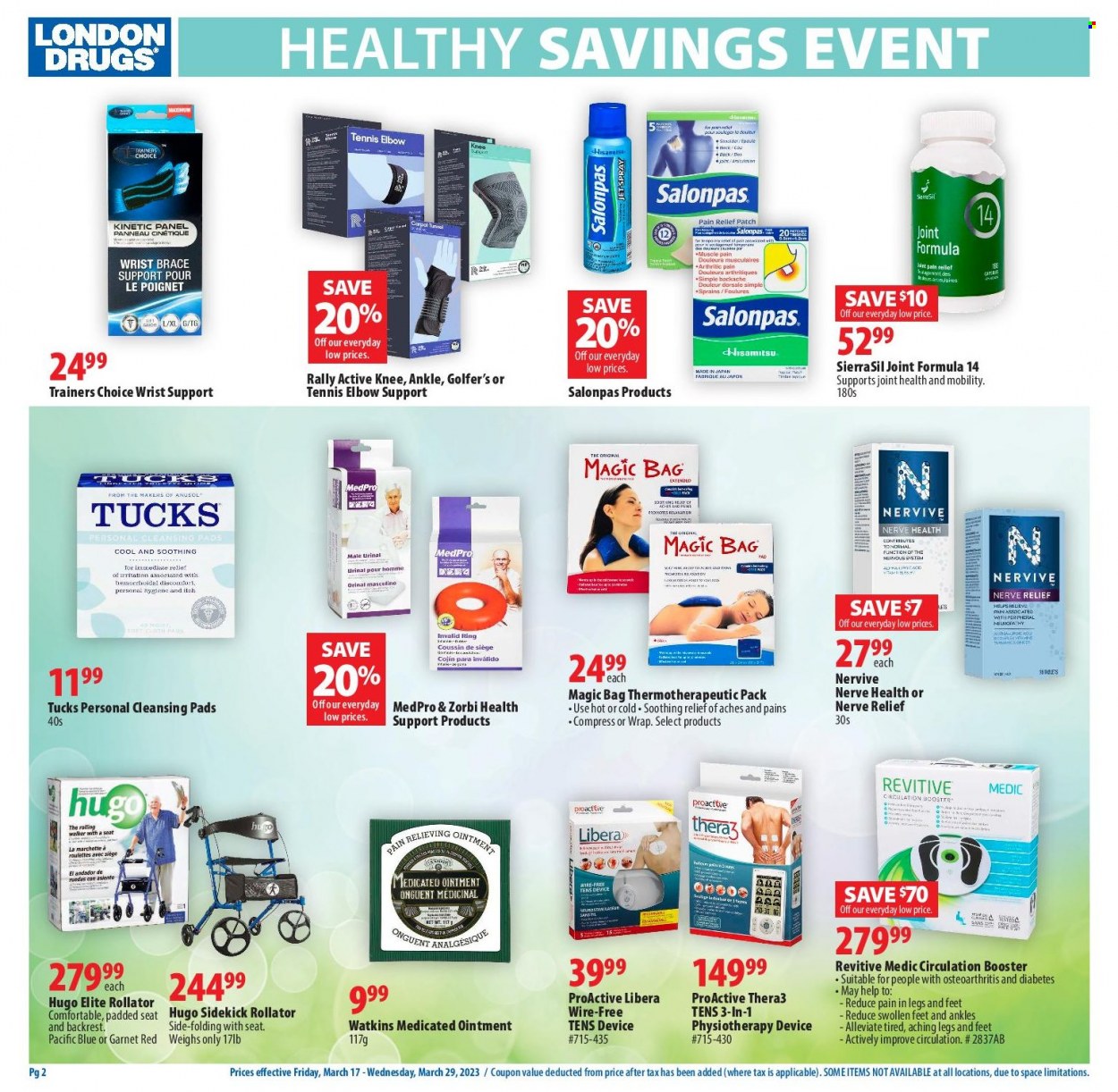 thumbnail - London Drugs Flyer - March 17, 2023 - March 29, 2023 - Sales products - ointment, Jet, bag, pen, Revitive, pain relief, brace, rollator. Page 2.