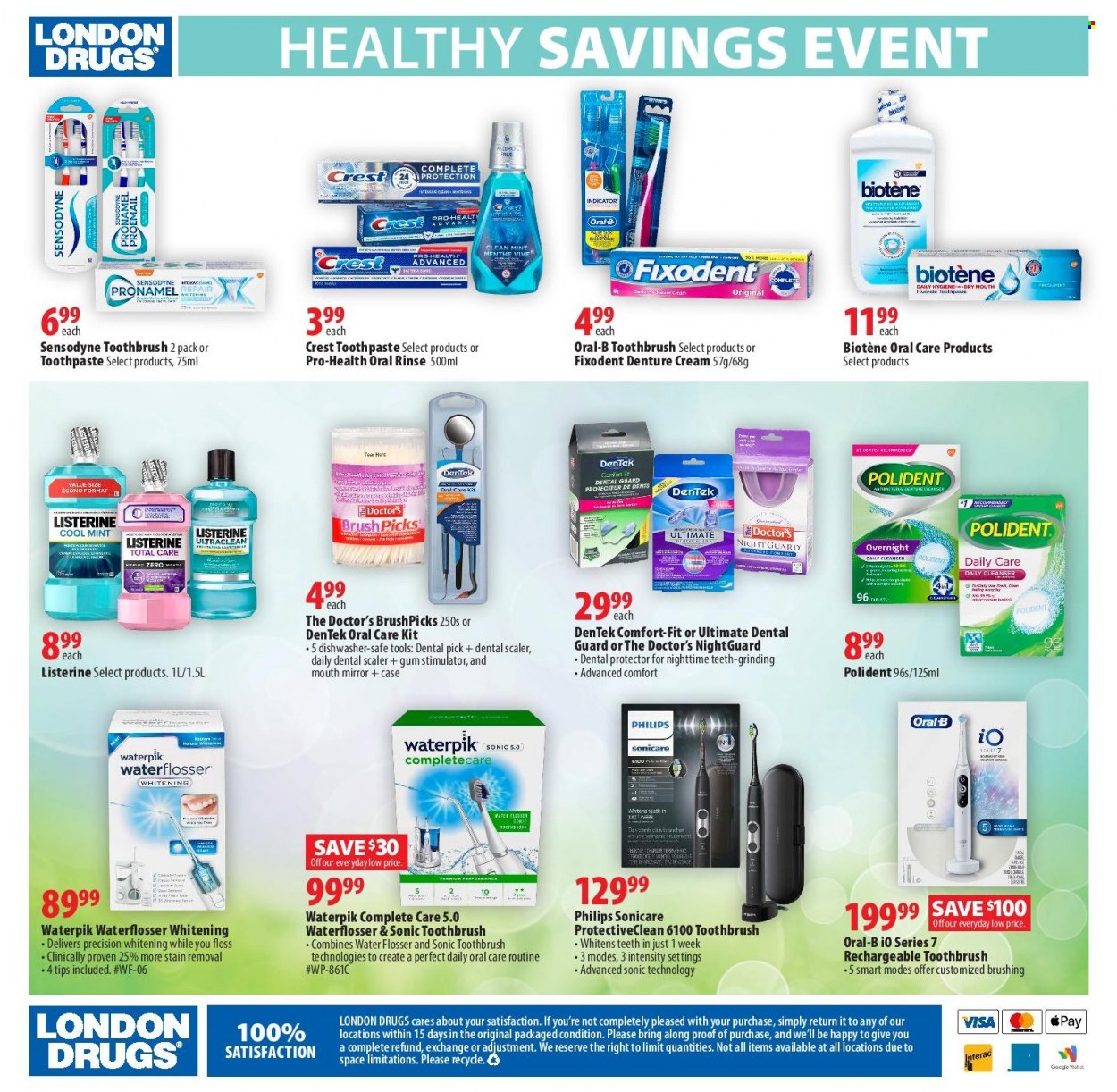 thumbnail - London Drugs Flyer - March 17, 2023 - March 29, 2023 - Sales products - Philips, water, Biotene, toothbrush, toothpaste, denture cream, Fixodent, Polident, Crest, cleanser, dishwasher, Sonicare, mirror, Asus, Listerine, Oral-B, Sensodyne. Page 4.