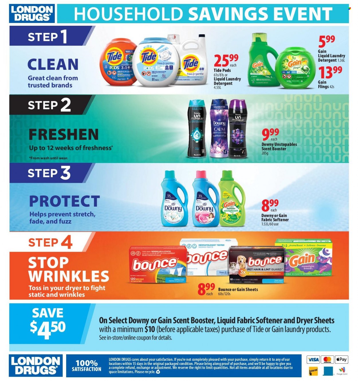 thumbnail - London Drugs Flyer - March 17, 2023 - March 29, 2023 - Sales products - Boost, Gain, Tide, Unstopables, fabric softener, laundry detergent, dryer sheets, detergent. Page 4.