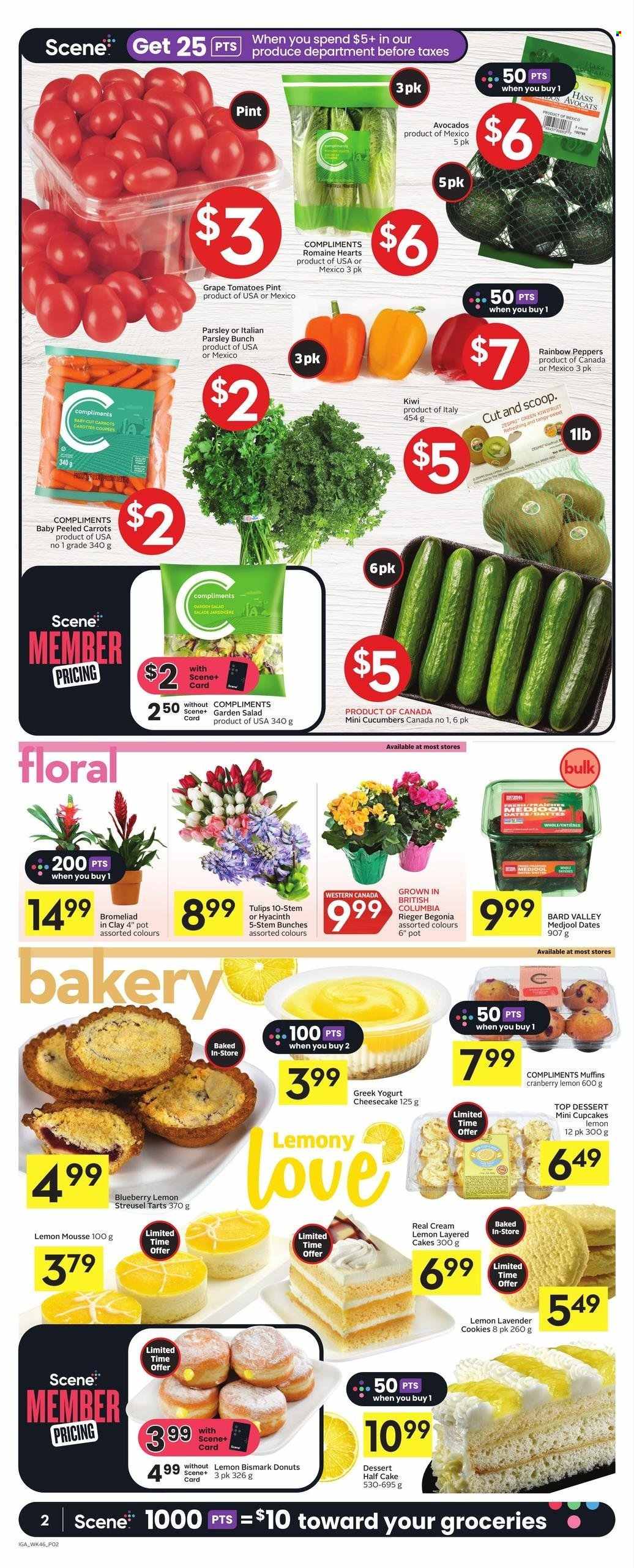 thumbnail - IGA Flyer - March 16, 2023 - March 22, 2023 - Sales products - cake, cupcake, cheesecake, donut, muffin, carrots, cucumber, tomatoes, parsley, salad, peppers, avocado, greek yoghurt, yoghurt, cookies, dried dates, kiwi. Page 2.