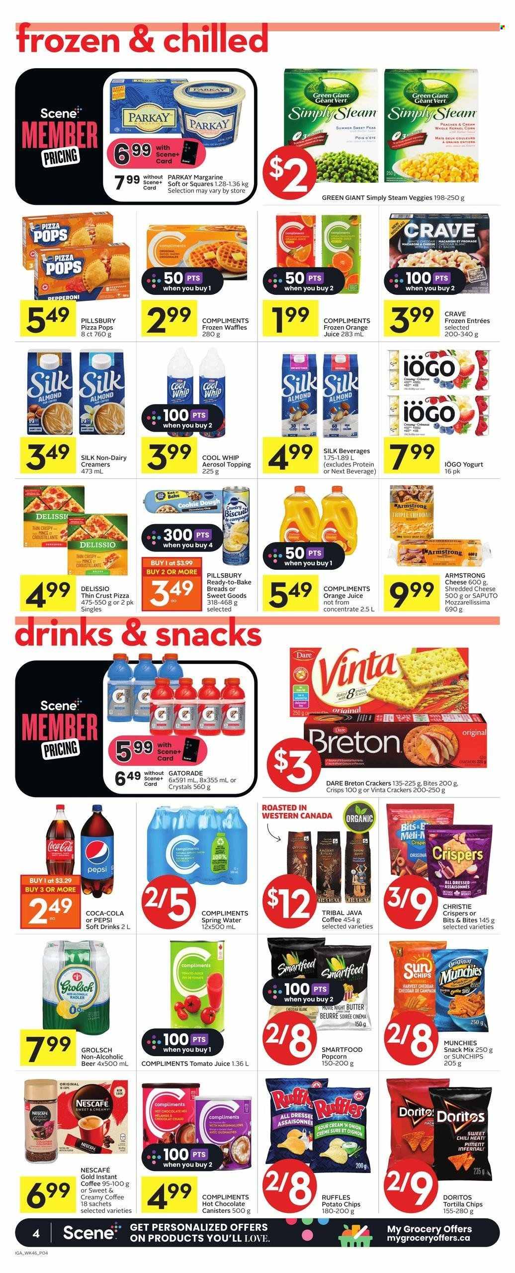 thumbnail - IGA Flyer - March 16, 2023 - March 22, 2023 - Sales products - bacon wrapped scallops, cod, lobster, scallops, haddock, crab, hamburger, dagwood, pulled pork, stuffed chicken, roast, ham, Johnsonville, sausage, cheddar, brie, The Laughing Cow, Babybel, pizza dough, cheese sticks, snack, whole chicken, chicken, beef meat, steak, roast beef, pork meat, pork shoulder, camembert. Page 4.