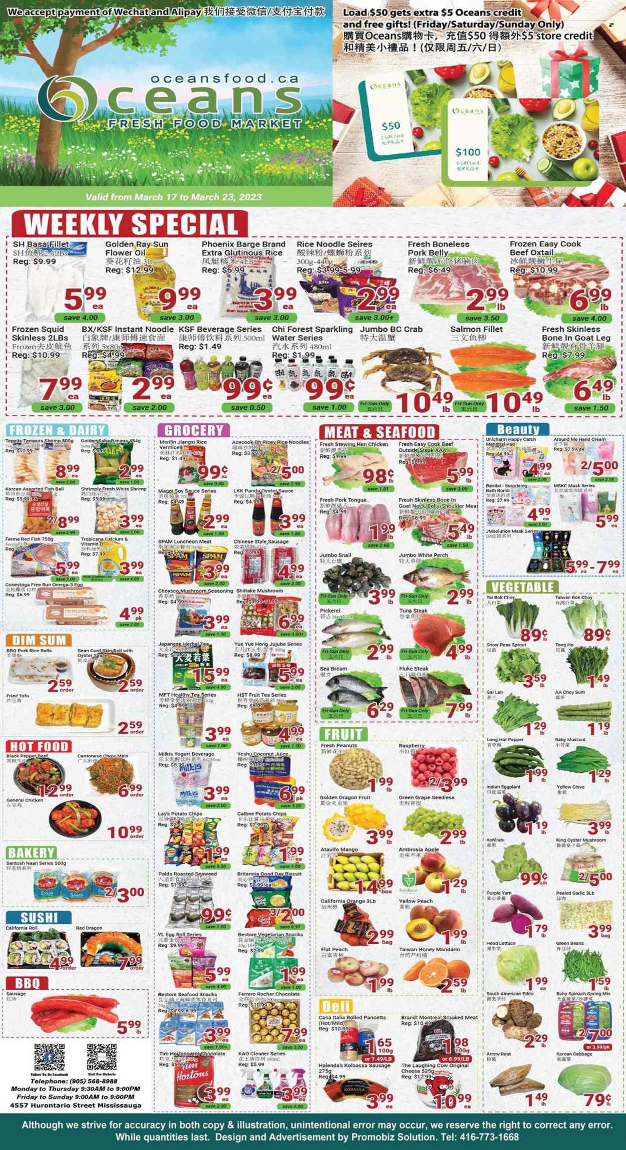 thumbnail - Oceans Flyer - March 17, 2023 - March 23, 2023 - Sales products - oyster mushrooms, mushrooms, beans, bok choy, cabbage, garlic, green beans, spinach, peas, lettuce, eggplant, mandarines, mango, jujube, oranges, dragon fruit, salmon, salmon fillet, squid, tuna, perch, oysters, seafood, crab, seabream, shrimps, walleye, sauce, egg rolls, noodles, sausage, Spam, lunch meat, The Laughing Cow, curd, tofu, yoghurt, snow peas, snack, biscuit, potato chips, Lay’s, seaweed, Maggi, tuna steak, rice vermicelli, black pepper, spice, mustard, soy sauce, oyster sauce, oil, honey, peanuts, juice, water, hot chocolate, tea, herbal tea, chicken, beef meat, oxtail, steak, pork belly, pork meat, cleaner, bath bomb, hand cream, Omega-3, calcium, kohlrabi, pancetta, Ferrero Rocher. Page 1.