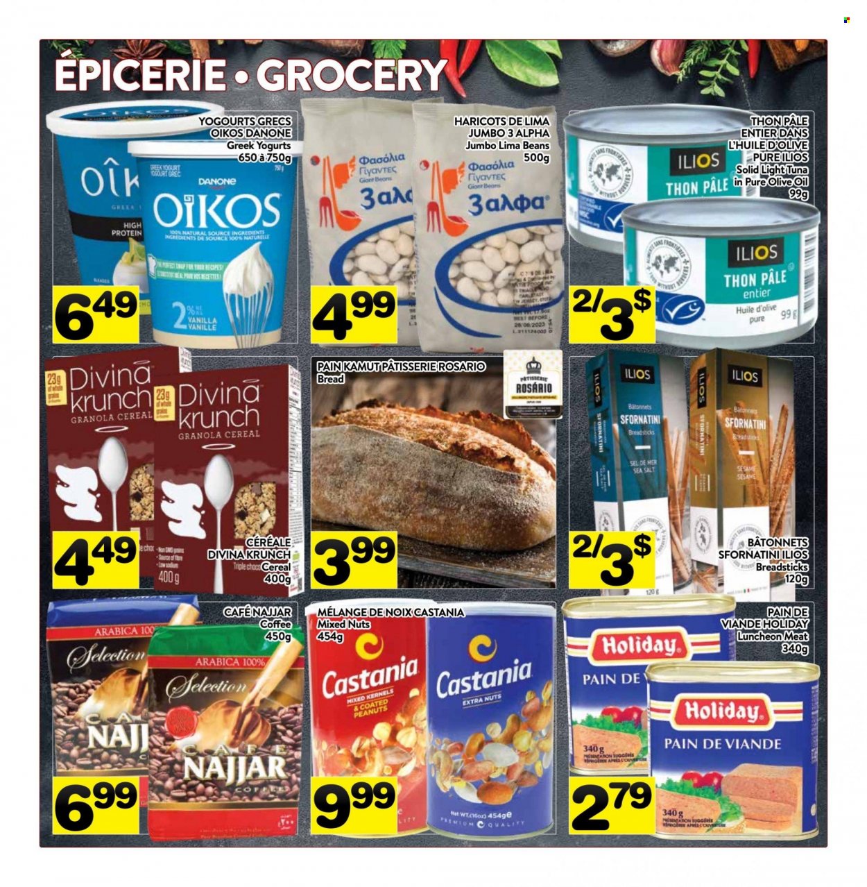 thumbnail - PA Supermarché Flyer - March 20, 2023 - March 26, 2023 - Sales products - tuna, lunch meat, greek yoghurt, yoghurt, Oikos, lima beans, bread sticks, sea salt, light tuna, cereals, olive oil, oil, mixed nuts, coffee, granola, Danone. Page 4.