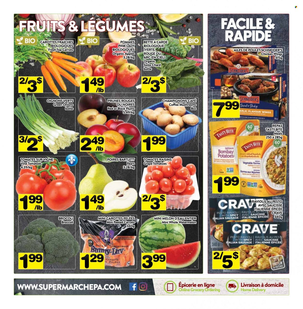 thumbnail - PA Supermarché Flyer - March 20, 2023 - March 26, 2023 - Sales products - potatoes, green onion, apples, Bartlett pears, watermelon, plums, pears, melons, black plums, Pink Lady, ravioli, sausage, italian sausage, chicken wings, prunes, dried fruit, coffee, chicken, raisins, pesto. Page 8.