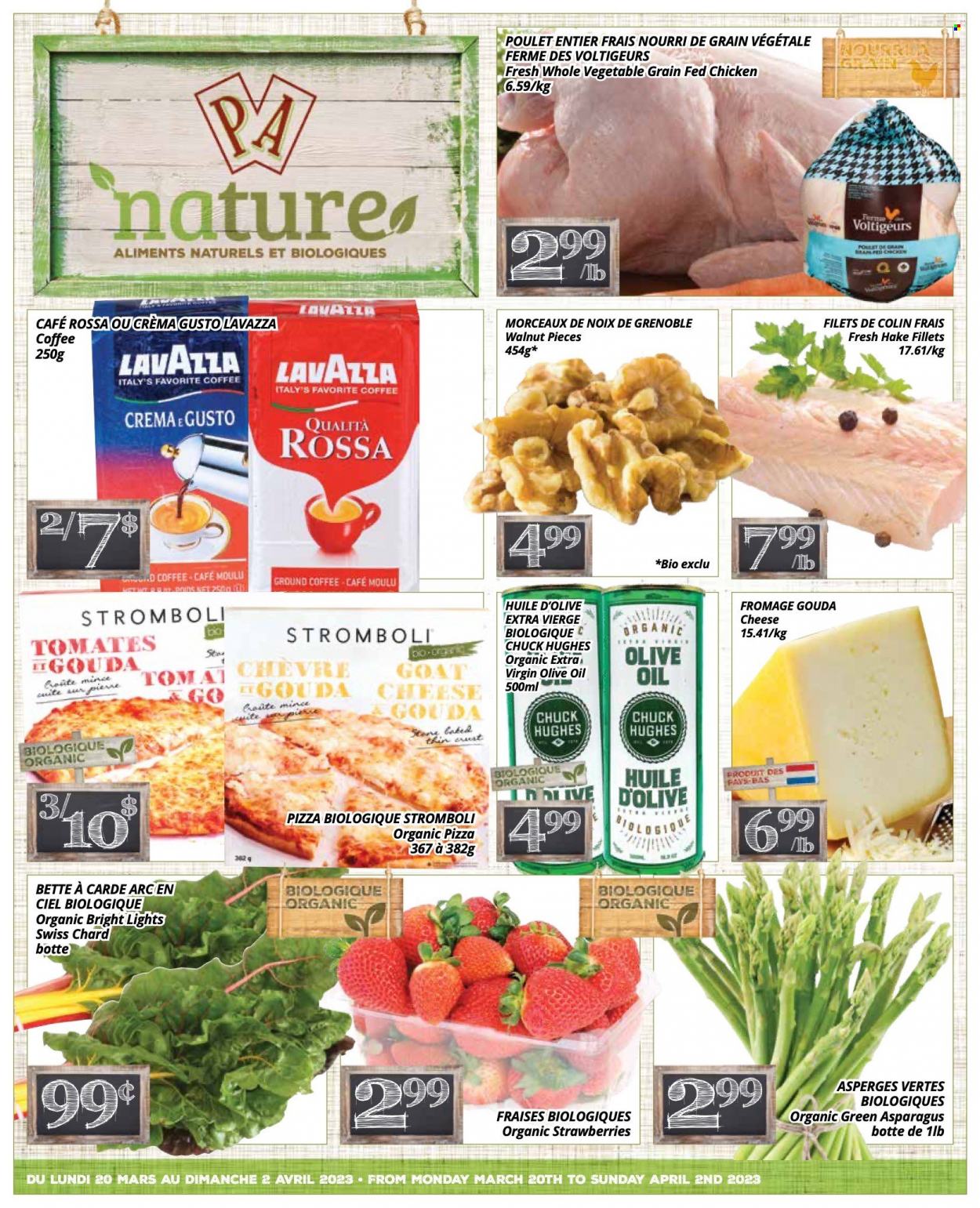 thumbnail - Circulaire PA Nature - 20 Mars 2023 - 02 Avril 2023 - Produits soldés - asperge, fraises, poulet, colin, pizza, huile, huile d'olive, noix de Grenoble, noix, café, café moulu, Lavazza. Page 1.