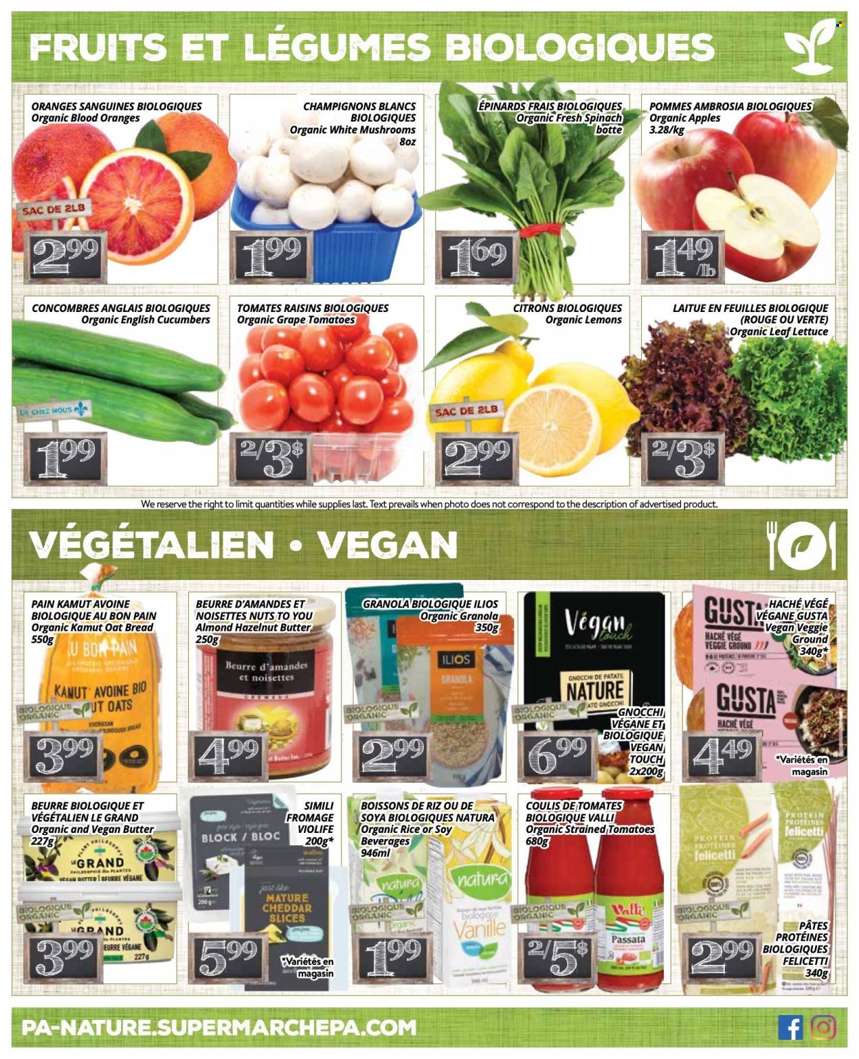 thumbnail - PA Nature Flyer - March 20, 2023 - April 02, 2023 - Sales products - mushrooms, bread, cucumber, spinach, lettuce, apples, oranges, lemons, cheddar, cheese, butter, oats, dried fruit, gnocchi, granola, raisins. Page 4.