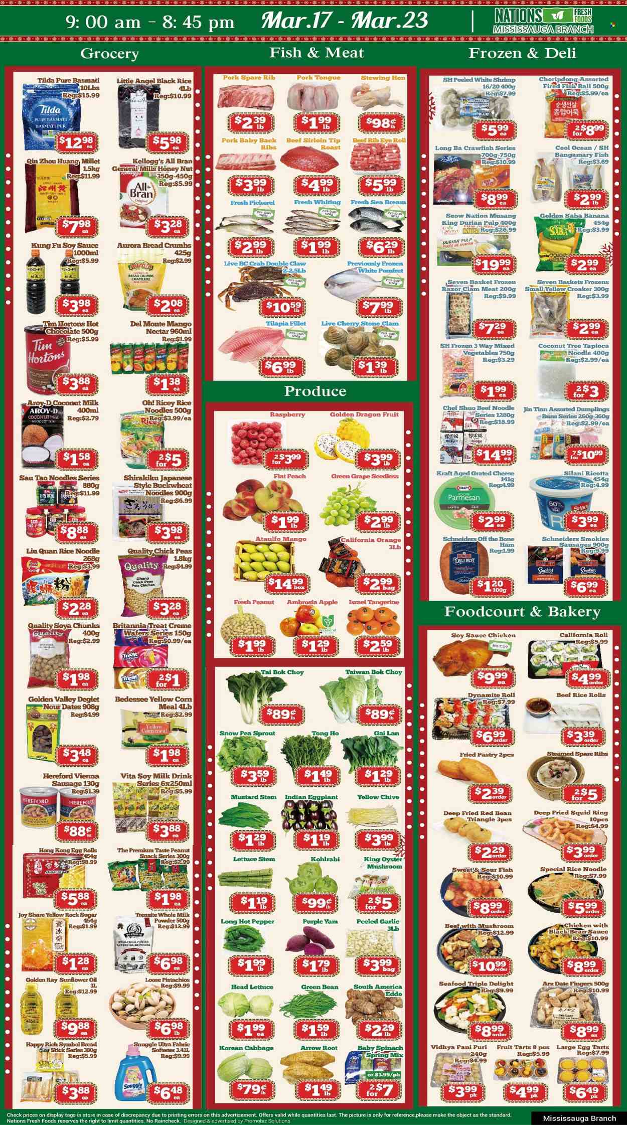 thumbnail - Nations Fresh Foods Flyer - March 17, 2023 - March 23, 2023 - Sales products - oyster mushrooms, buns, breadcrumbs, bok choy, cabbage, corn, garlic, spinach, peas, lettuce, eggplant, mango, cherries, oranges, dragon fruit, clams, squid, tilapia, oysters, seafood, crab, seabream, shrimps, whiting, squid rings, walleye, sauce, egg rolls, dumplings, noodles, Kraft®, roast, ham, ham off the bone, sausage, vienna sausage, parmesan, grated cheese, soy milk, milk powder, mixed vegetables, crawfish, wafers, snack, Kellogg's, peanut snack, coconut milk, Del Monte, All-Bran, basmati rice, buckwheat, soya chunks, rice vermicelli, pepper, mustard, soy sauce, sunflower oil, oil, pistachios, hot chocolate, beef meat, beef sirloin, ribs, pork meat, pork ribs, pork spare ribs, pork back ribs, Snuggle, fabric softener, Joy, kohlrabi, ricotta. Page 1.