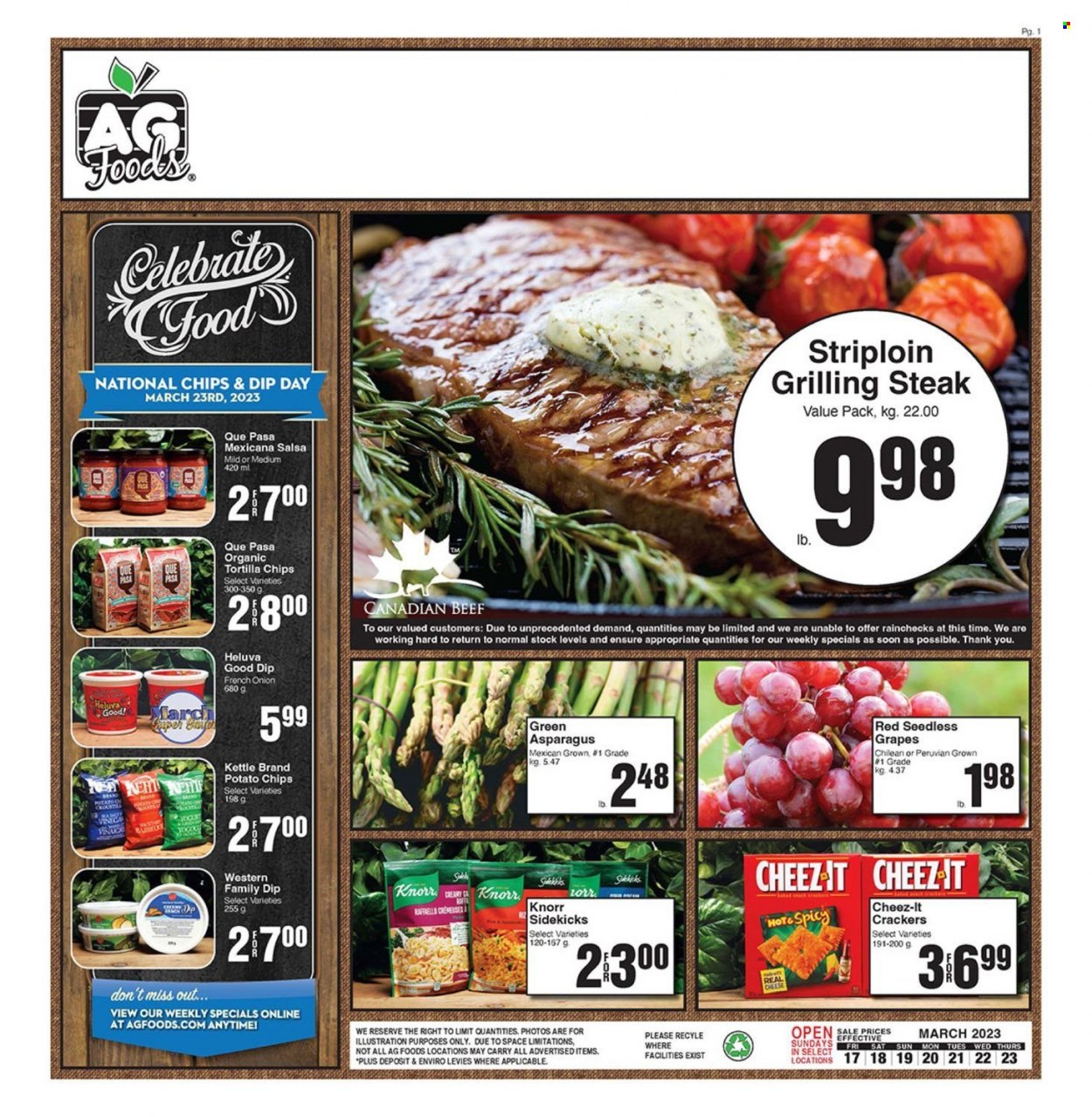 thumbnail - AG Foods Flyer - March 17, 2023 - March 23, 2023 - Sales products - asparagus, onion, grapes, seedless grapes, dip, Raffaello, crackers, tortilla chips, potato chips, chips, Cheez-It, salsa, steak, Knorr. Page 1.