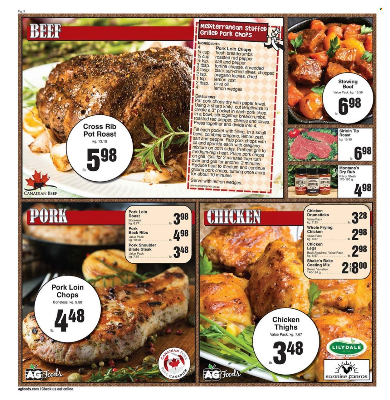 thumbnail - AG Foods Flyer - March 17, 2023 - March 23, 2023 - Sales products - roast, cheese, olive oil, chicken legs, chicken thighs, chicken drumsticks, chicken, beef meat, steak, stewing beef, ribs, pork chops, pork loin, pork meat, pork ribs, pork shoulder, pork back ribs, paper towels, olives. Page 2.