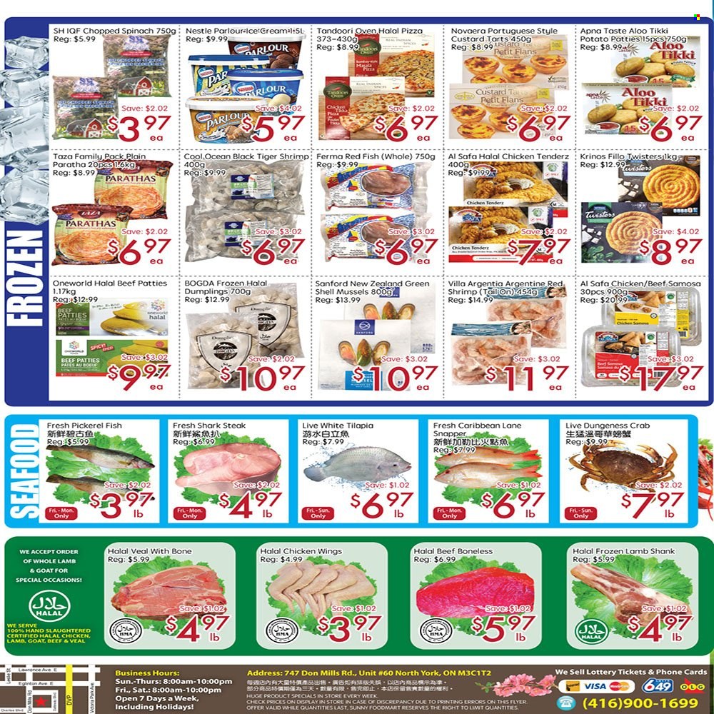 thumbnail - Sunny Foodmart Flyer - March 17, 2023 - March 23, 2023 - Sales products - mussels, tilapia, seafood, crab, fish, shrimps, walleye, pizza, dumplings, custard, chicken wings, chicken, steak, lamb meat, lamb shank, whole lamb, Nestlé. Page 4.