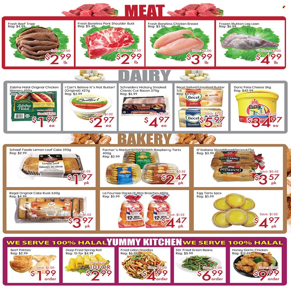 thumbnail - Sunny Foodmart Flyer - March 17, 2023 - March 23, 2023 - Sales products - bread, cake, loaf cake, rusks, beans, garlic, green beans, noodles, bacon, cheese, feta, eggs, I Can't Believe It's Not Butter, honey, chicken breasts, chicken, beef meat, beef tripe, pork meat, pork shoulder, mutton meat. Page 3.