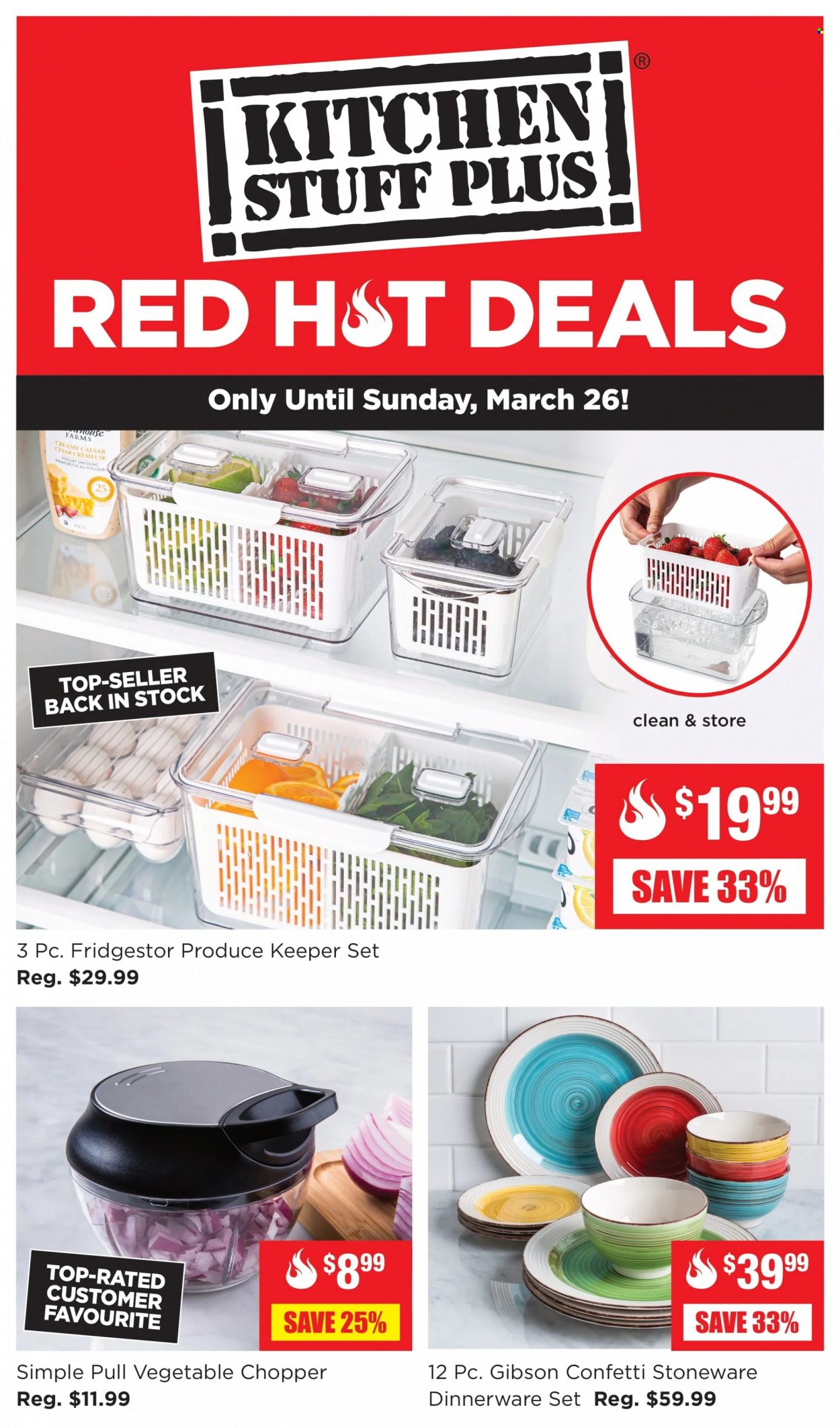 thumbnail - Kitchen Stuff Plus Flyer - March 20, 2023 - March 26, 2023 - Sales products - dinnerware set, handy chopper, keeper set, stoneware, mouse. Page 1.