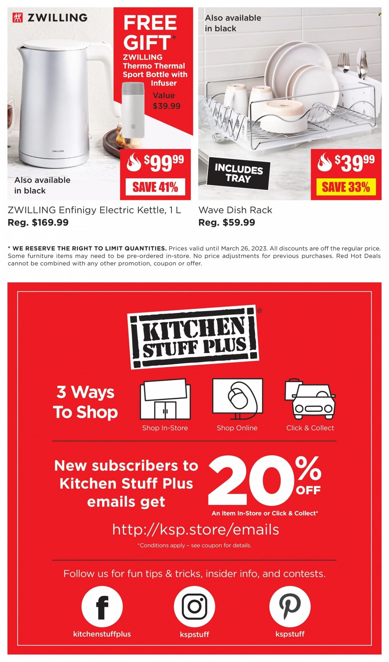 thumbnail - Kitchen Stuff Plus Flyer - March 20, 2023 - March 26, 2023 - Sales products - dish rack, travel bottle, kettle. Page 5.