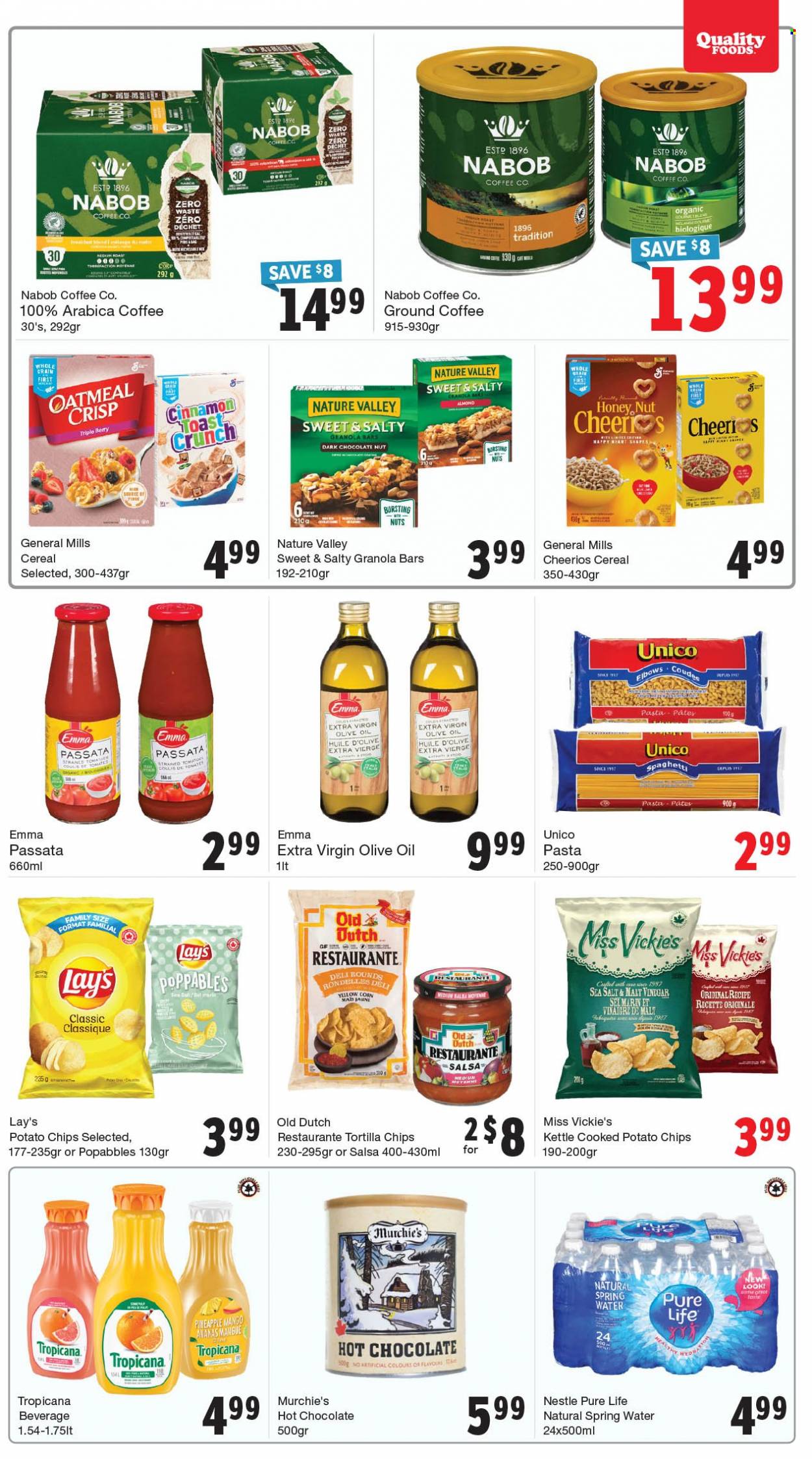 thumbnail - Quality Foods Flyer - March 20, 2023 - March 26, 2023 - Sales products - mango, pineapple, spaghetti, pasta, roast, dark chocolate, tortilla chips, potato chips, chips, Lay’s, oatmeal, cereals, Cheerios, granola bar, Nature Valley, cinnamon, salsa, extra virgin olive oil, olive oil, oil, spring water, water, hot chocolate, coffee, ground coffee, Nestlé. Page 5.
