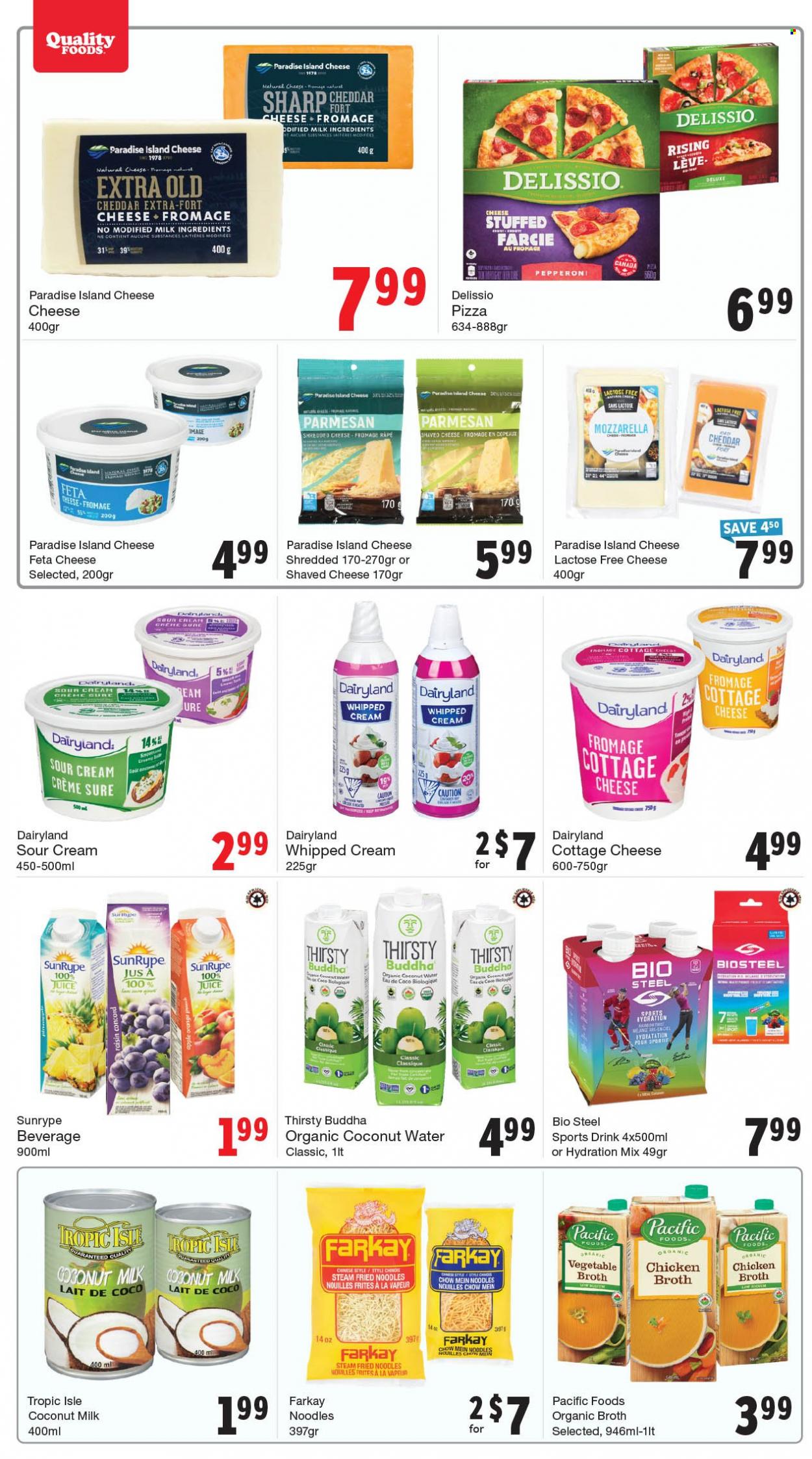 thumbnail - Quality Foods Flyer - March 20, 2023 - March 26, 2023 - Sales products - pizza, noodles, pepperoni, cottage cheese, shredded cheese, cheddar, parmesan, cheese, feta, sour cream, whipped cream, chicken broth, broth, coconut milk, juice, coconut water, water, Sure. Page 9.