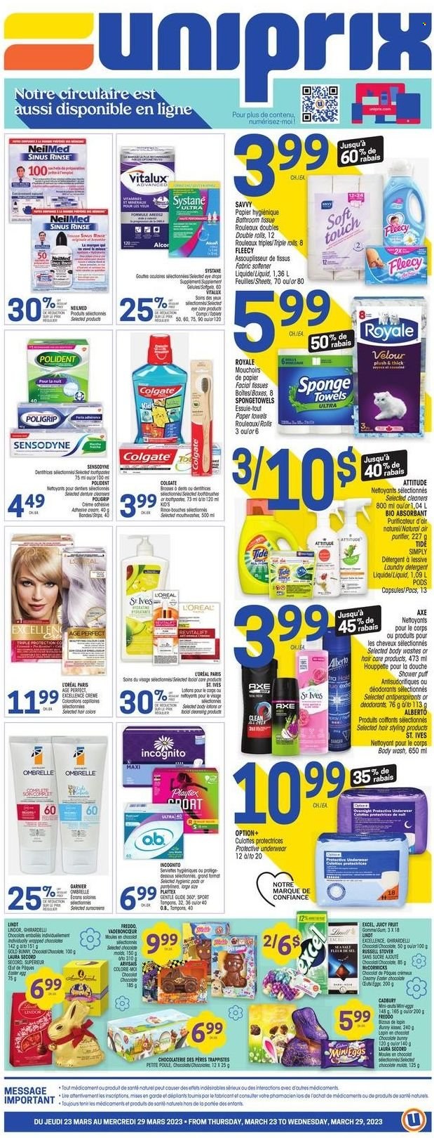 thumbnail - Uniprix Flyer - March 23, 2023 - March 29, 2023 - Sales products - chocolate, Mars, Cadbury, Ghirardelli, kitchen towels, paper towels, Tide, fabric softener, laundry detergent, body wash, Polident, Playtex, pantyliners, tampons, L’Oréal, Axe, eye drops, detergent, Colgate, Garnier, Systane, Sensodyne, Lindt, Lindor, deodorant. Page 1.