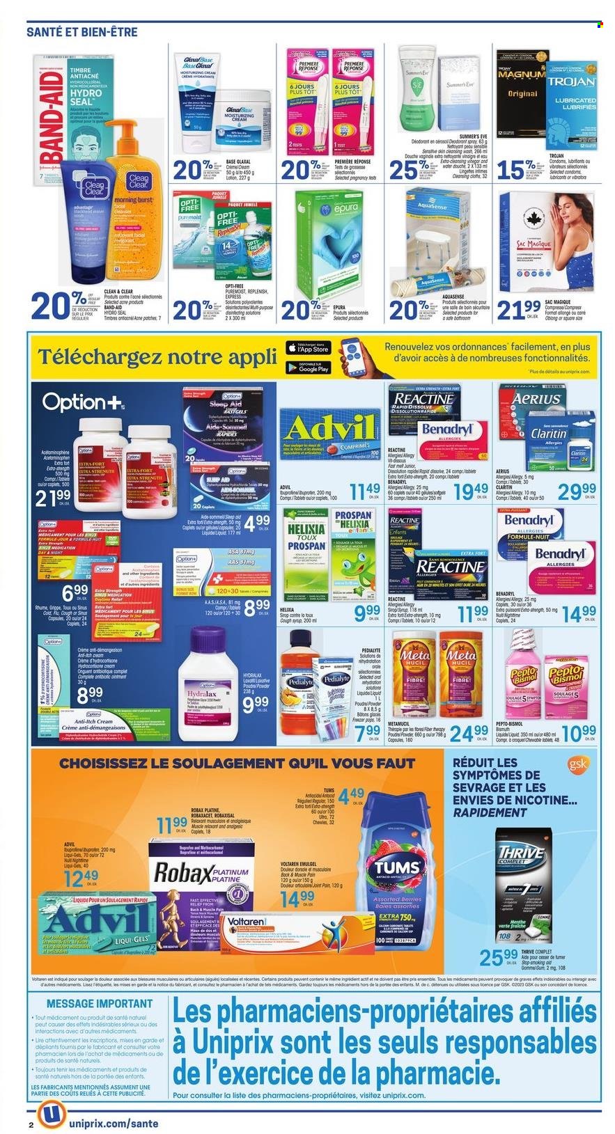 thumbnail - Uniprix Flyer - March 23, 2023 - March 29, 2023 - Sales products - vinegar, syrup, Pedialyte, water, ointment, cleanser, Clean & Clear, anti-perspirant, Cold & Flu, Pepto-bismol, Advil Rapid, Metamucil, band-aid, deodorant. Page 3.