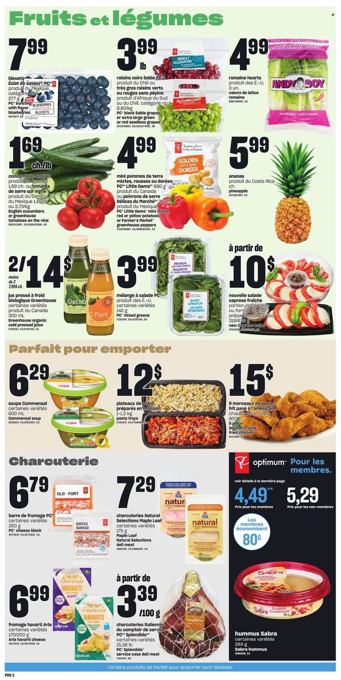 thumbnail - Provigo Flyer - March 23, 2023 - March 29, 2023 - Sales products - cucumber, spinach, potatoes, salad, peppers, blueberries, grapes, seedless grapes, pineapple, soup, pasta, fried chicken, hummus, Havarti, cheese, Arla, snack, Celebration, dried fruit, juice, chicken, Eclat, Optimum, raisins. Page 3.