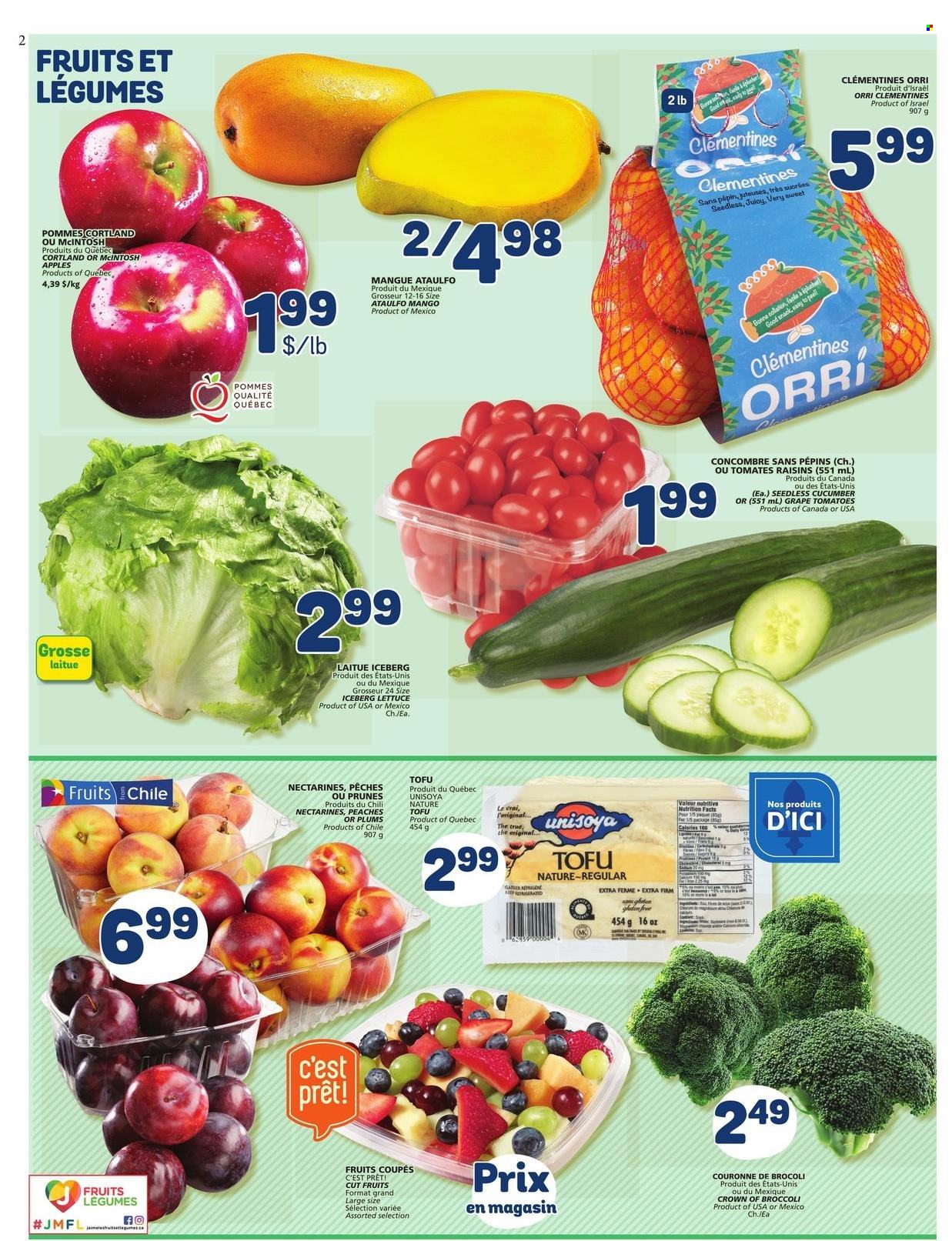 thumbnail - Marché Bonichoix Flyer - March 23, 2023 - March 29, 2023 - Sales products - broccoli, tomatoes, lettuce, apples, clementines, mango, nectarines, plums, peaches, tofu, prunes, dried fruit, raisins. Page 2.