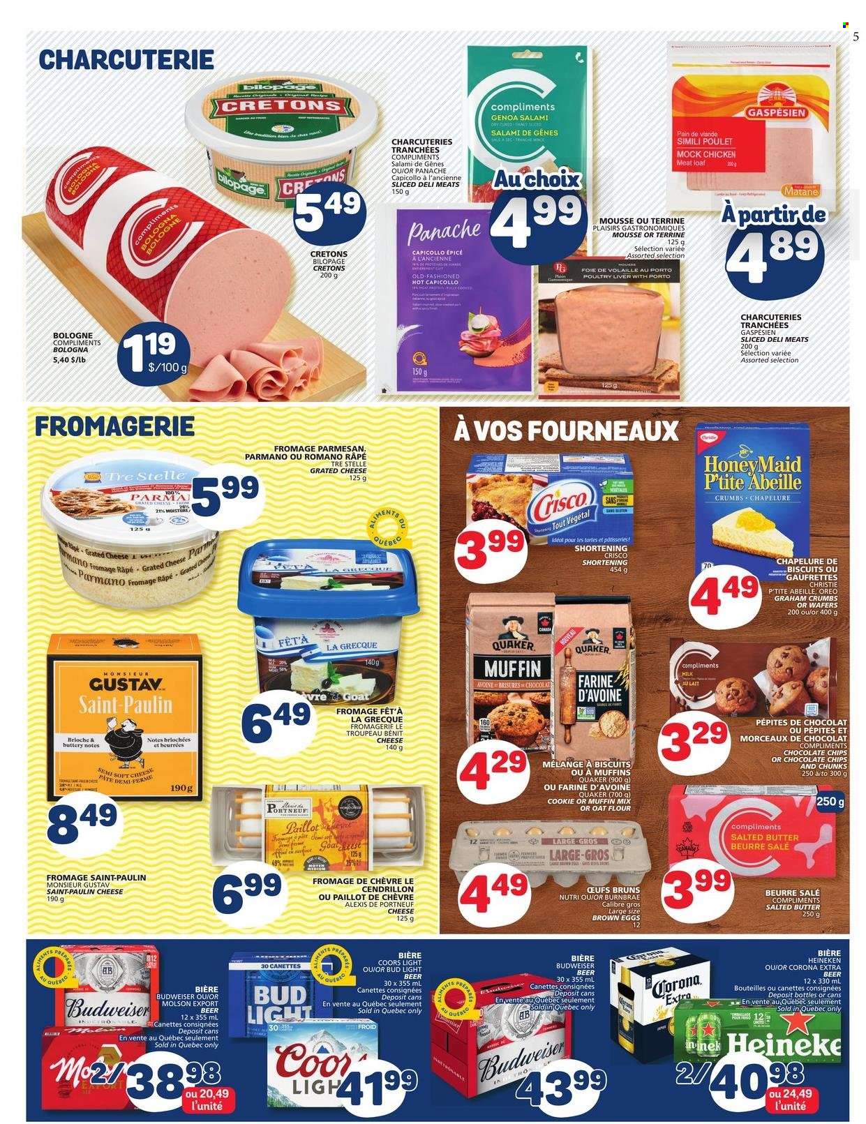 thumbnail - Marché Bonichoix Flyer - March 23, 2023 - March 29, 2023 - Sales products - brioche, muffin mix, Quaker, salami, bologna sausage, soft cheese, parmesan, grated cheese, milk, eggs, salted butter, wafers, biscuit, Crisco, flour, shortening, port wine, beer, Bud Light, Corona Extra, Heineken, chicken, Budweiser, Oreo, Coors. Page 5.