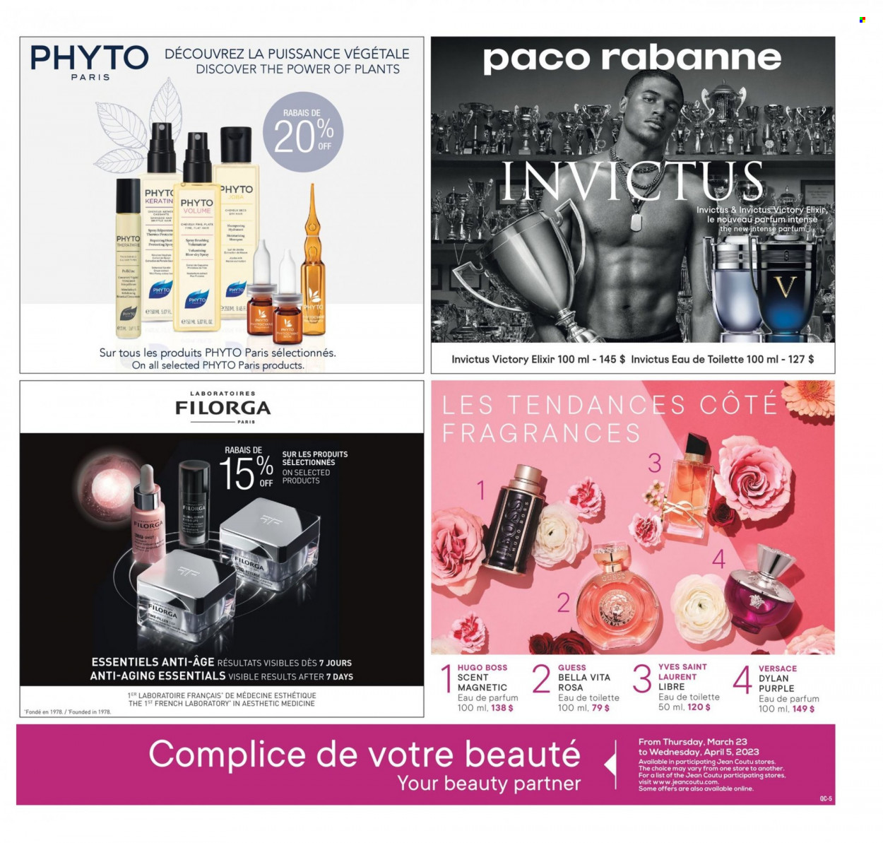 thumbnail - Jean Coutu Flyer - March 23, 2023 - April 05, 2023 - Sales products - 7 Days, Paco Rabanne, keratin, eau de parfum, Hugo Boss, Guess, Yves Saint Laurent, eau de toilette, shampoo, Versace. Page 5.