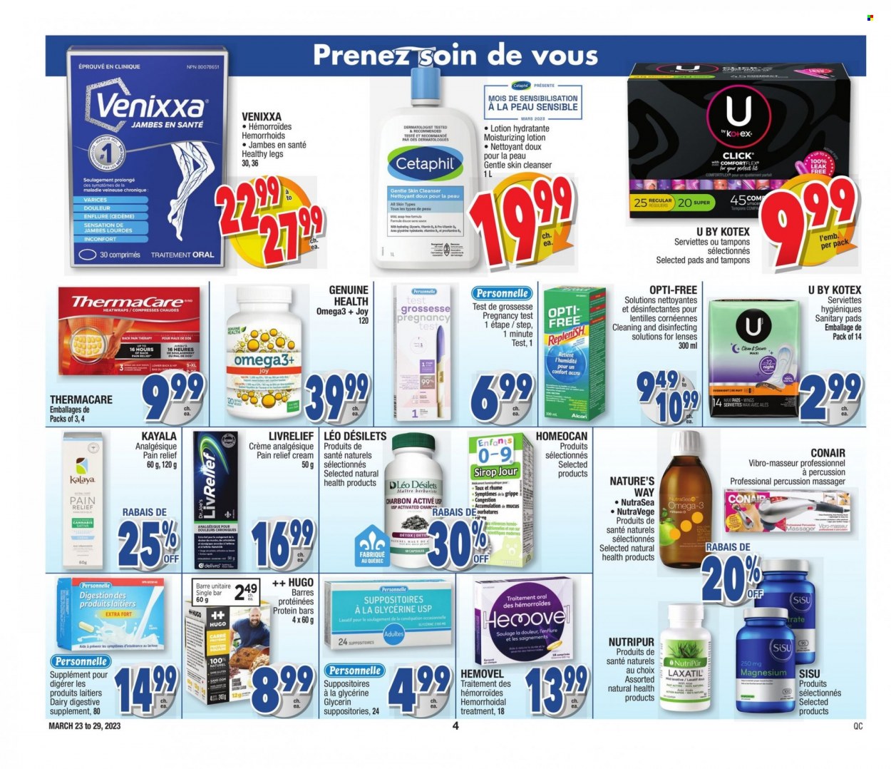 thumbnail - Jean Coutu Flyer - March 23, 2023 - March 29, 2023 - Sales products - Mars, protein bar, Joy, soap, sanitary pads, Kotex, tampons, cleanser, Clinique, body lotion, serviettes, percussion instrument, Hewlett Packard, massager, pain relief, magnesium, Thermacare, Omega-3, laxative, lenses, pregnancy test. Page 4.