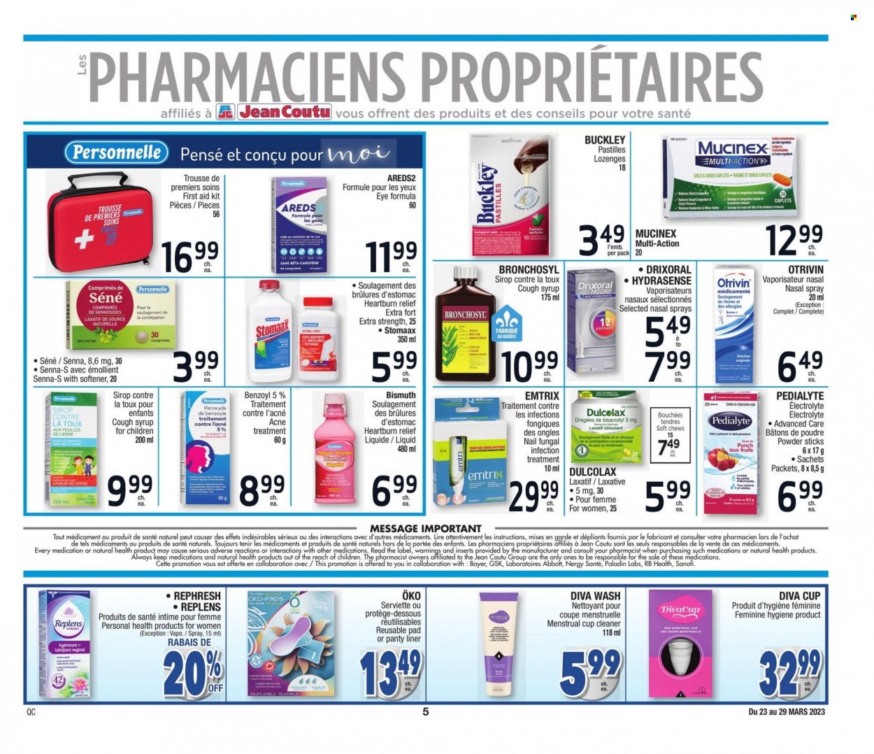 thumbnail - Jean Coutu Flyer - March 23, 2023 - March 29, 2023 - Sales products - Mars, chewing gum, pastilles, syrup, Pedialyte, cleaner, fabric softener, cup, book, Dulcolax, Mucinex, stimulant, laxative, Bayer, nasal spray, first aid kit. Page 5.
