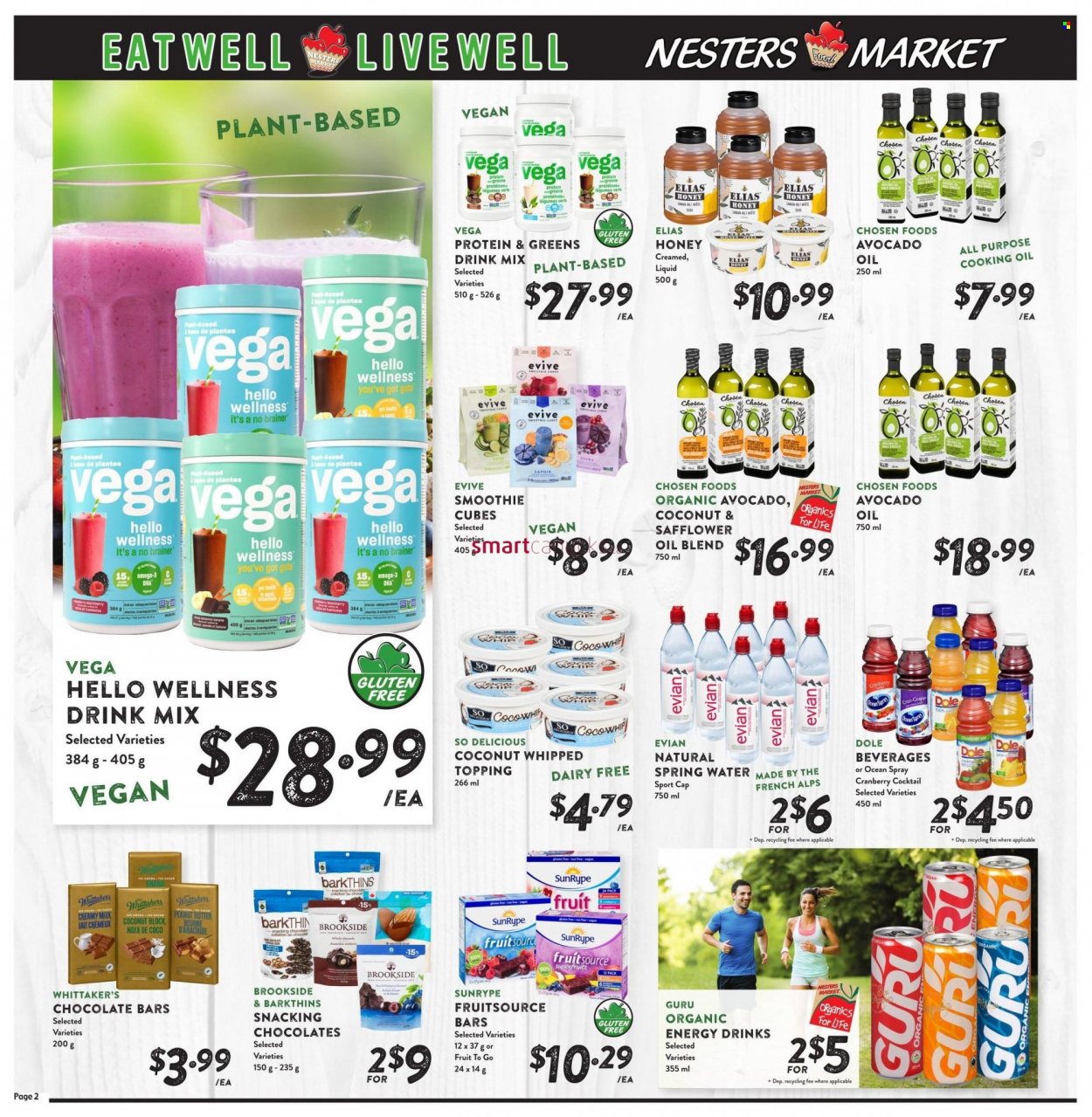 thumbnail - Nesters Food Market Flyer - March 01, 2023 - March 31, 2023 - Sales products - Dole, Whittaker's, chocolate bar, topping, avocado oil, safflower oil, cooking oil, honey, peanut butter, energy drink, Cran-Grape, smoothie, spring water, Evian, water, Omega-3. Page 2.