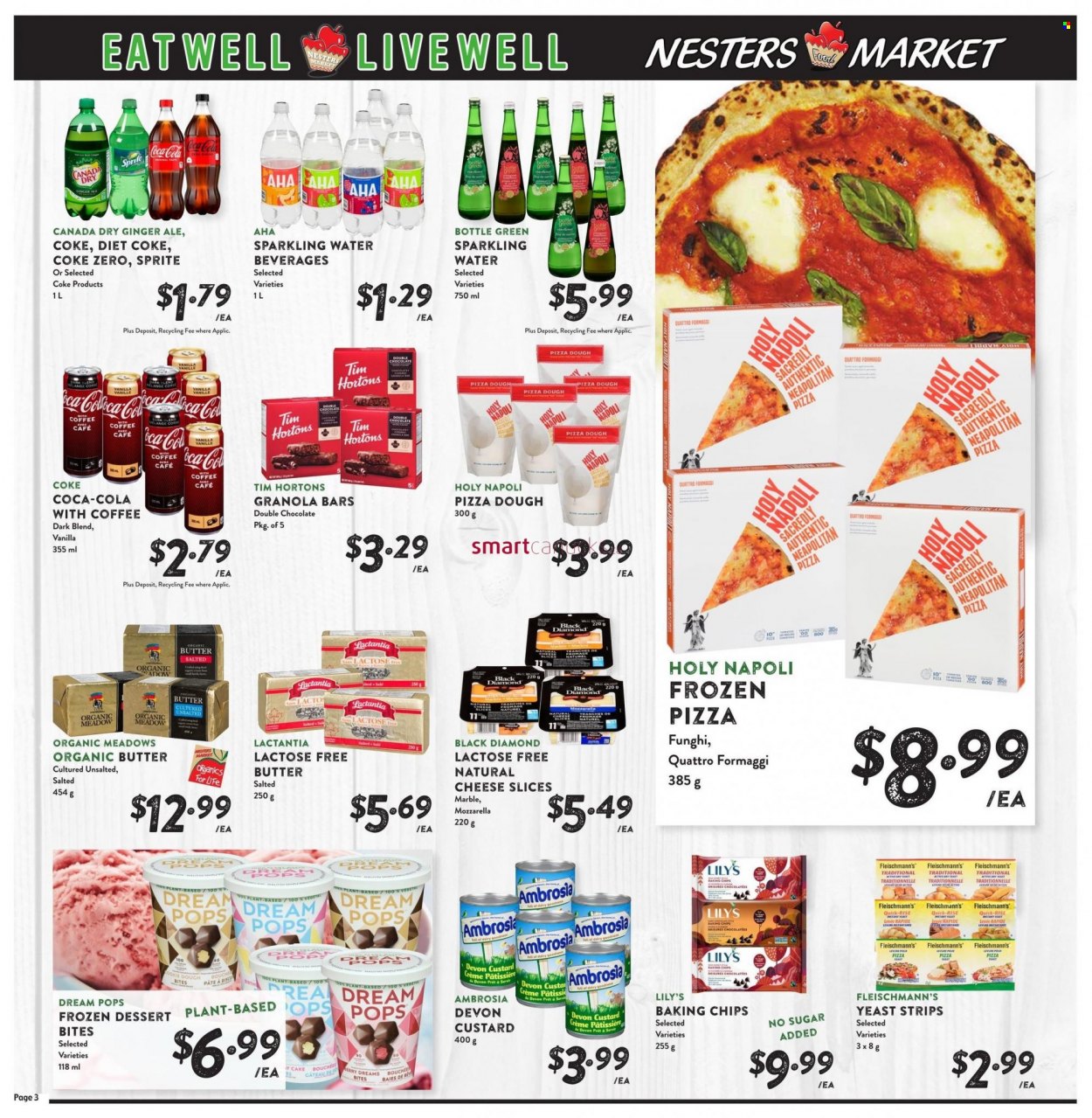thumbnail - Nesters Food Market Flyer - March 01, 2023 - March 31, 2023 - Sales products - cake, sliced cheese, custard, yeast, butter, pizza dough, strips, chocolate, baking chips, granola bar, Canada Dry, Coca-Cola, ginger ale, Sprite, Diet Coke, Coca-Cola zero, Coke, sparkling water, water. Page 3.