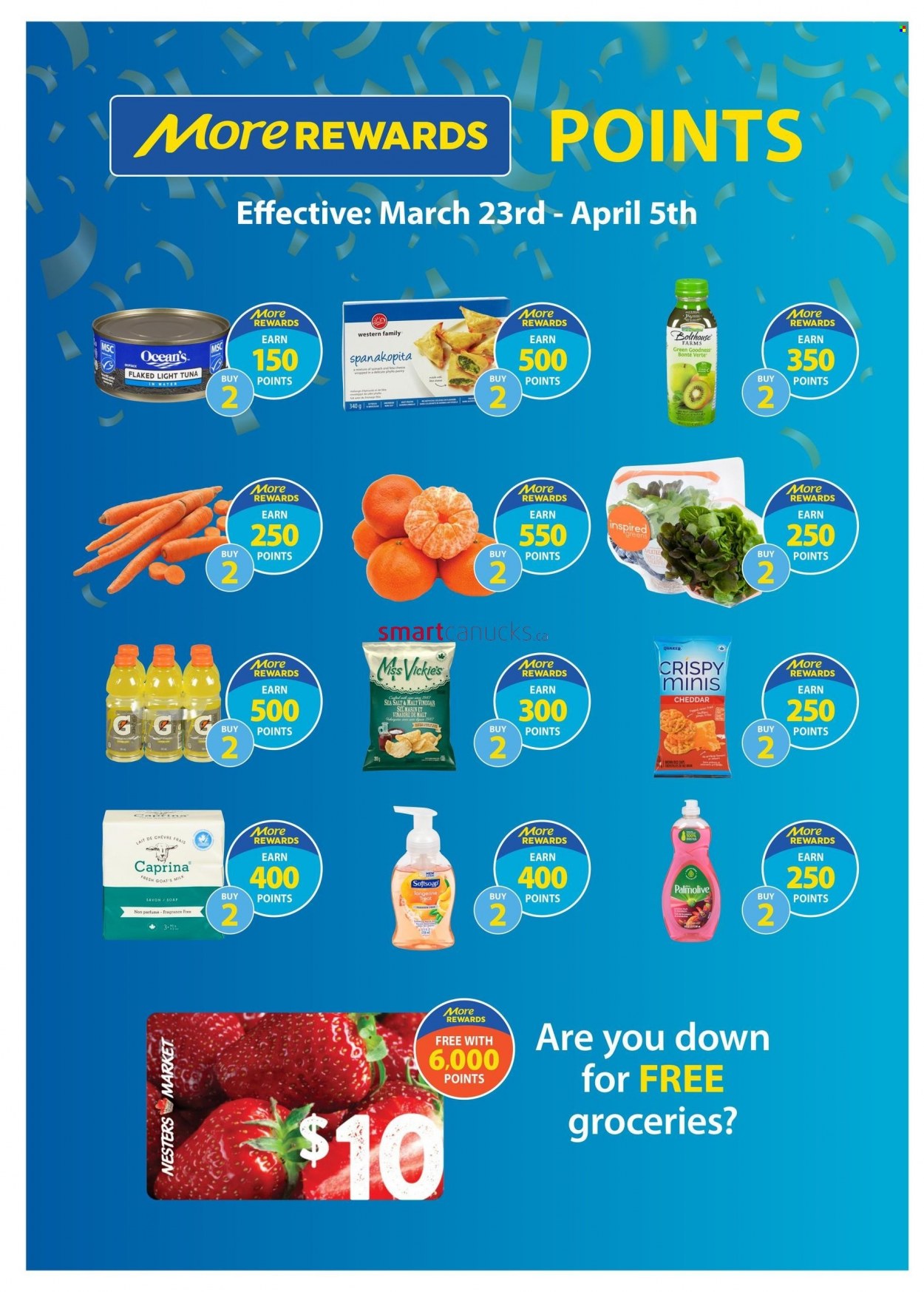 thumbnail - Nesters Food Market Flyer - March 23, 2023 - March 29, 2023 - Sales products - spinach, tuna, Quaker, cheddar, cheese, feta, milk, sea salt, tuna in water, light tuna, vinegar, water, Softsoap, Palmolive, soap. Page 7.