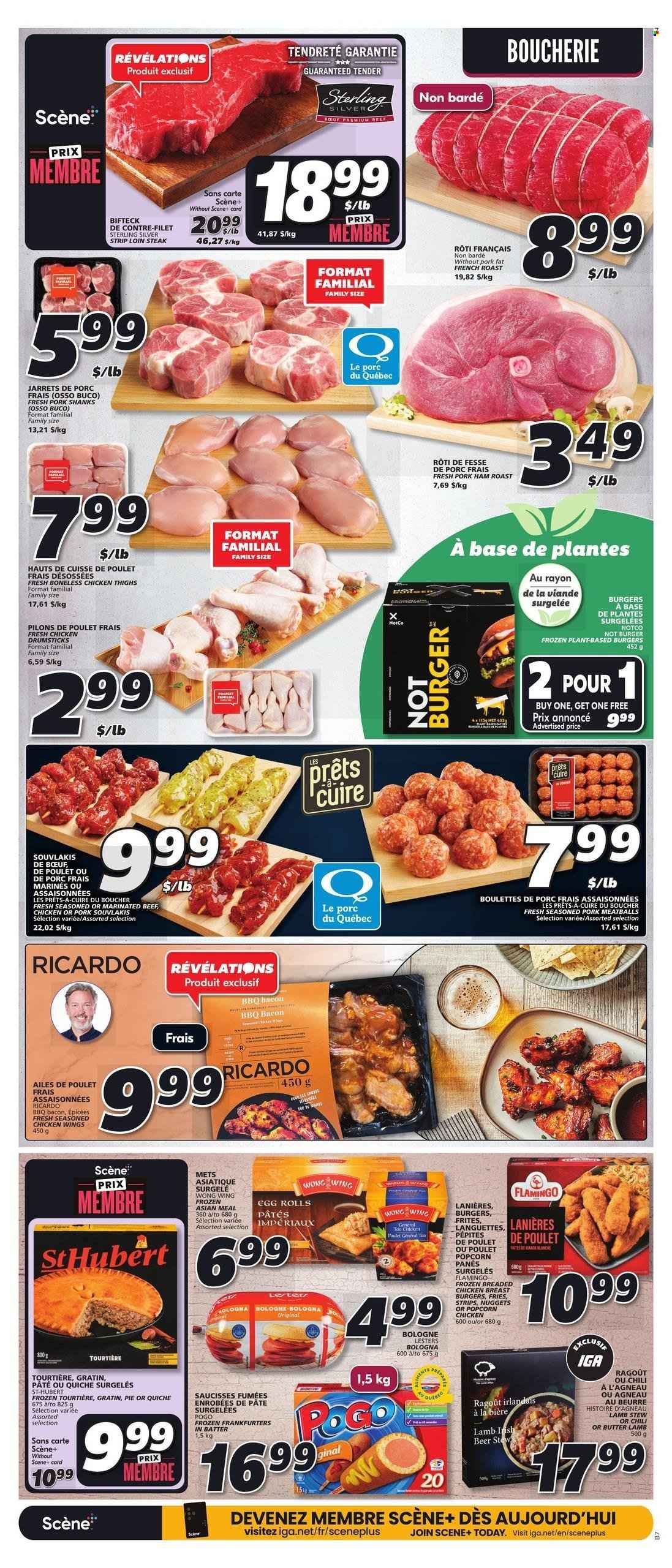 thumbnail - IGA Flyer - March 23, 2023 - March 29, 2023 - Sales products - pie, meatballs, nuggets, hamburger, egg rolls, fried chicken, roast, bacon, ham, bologna sausage, frankfurters, chicken wings, strips, potato fries, quiche, popcorn, beer, chicken breasts, chicken thighs, chicken drumsticks, chicken, steak, marinated beef. Page 10.