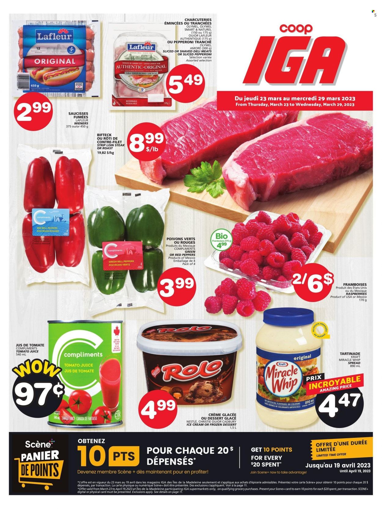 thumbnail - IGA Flyer - March 23, 2023 - March 29, 2023 - Sales products - bell peppers, peppers, red peppers, Kraft®, roast, pepperoni, Miracle Whip, ice cream, Mars, Cadbury, tomato juice, juice, steak, Nestlé. Page 5.