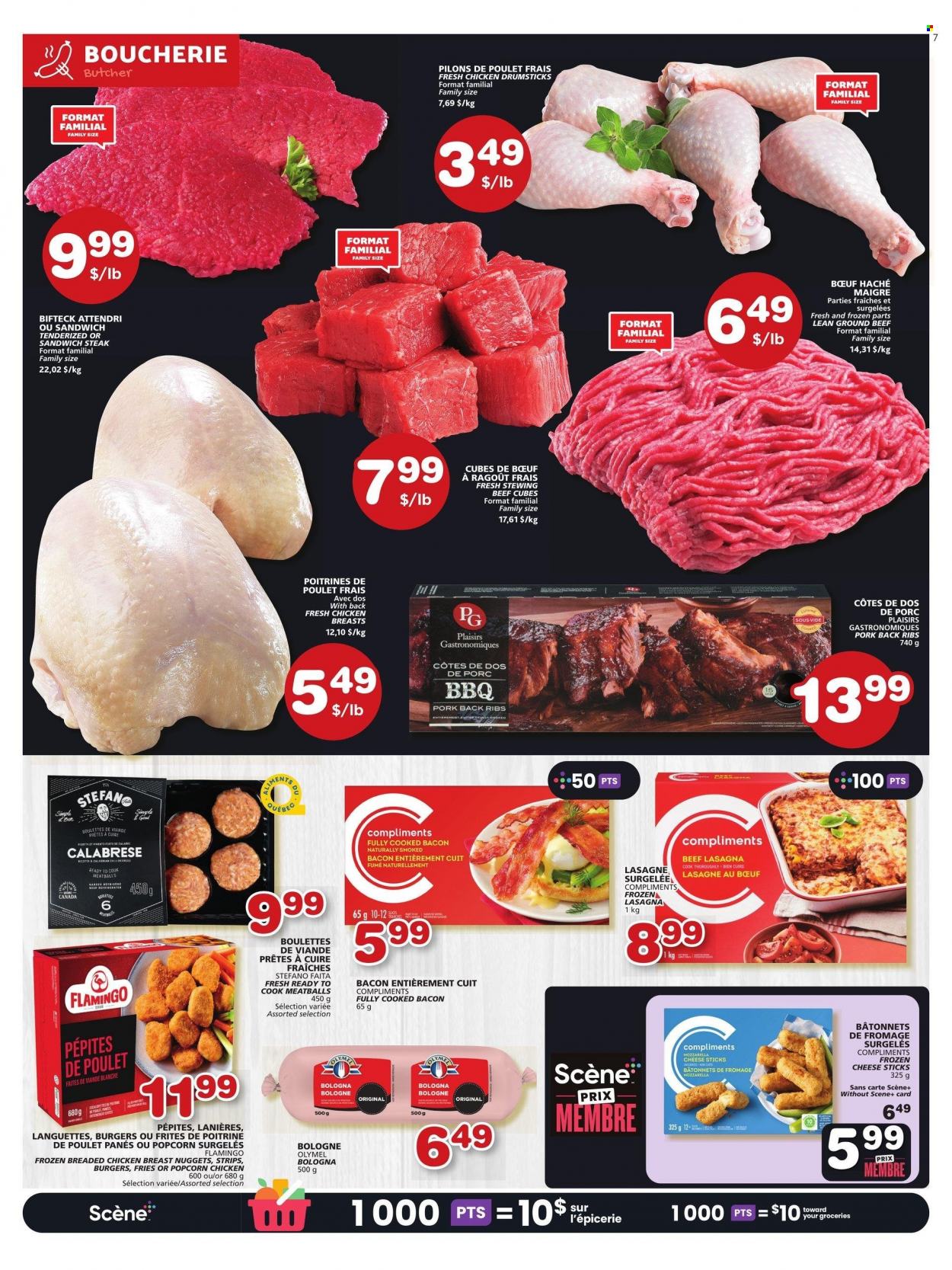 thumbnail - IGA Flyer - March 23, 2023 - March 29, 2023 - Sales products - meatballs, sandwich, nuggets, hamburger, fried chicken, chicken nuggets, lasagna meal, bacon, bologna sausage, cheese, strips, cheese sticks, potato fries, popcorn, chicken breasts, chicken drumsticks, chicken, beef meat, ground beef, steak, stewing beef, ribs, pork meat, pork ribs, pork back ribs. Page 7.
