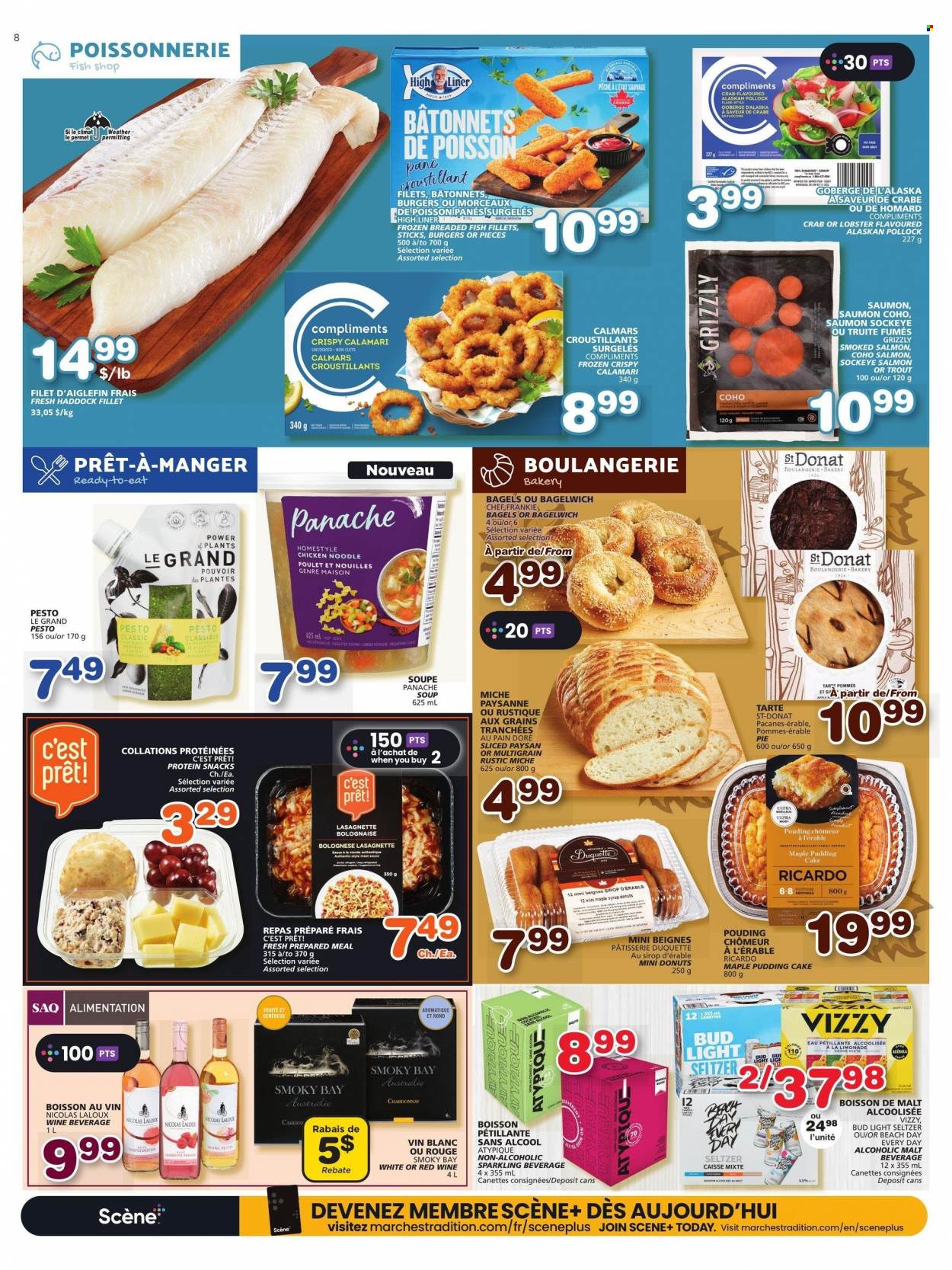 thumbnail - IGA Flyer - March 23, 2023 - March 29, 2023 - Sales products - bagels, cake, pie, donut, calamari, fish fillets, smoked salmon, haddock, pollock, crab, fish, soup, hamburger, noodles, breaded fish, snack, malt, red wine, Hard Seltzer, beer, Bud Light, pesto. Page 8.