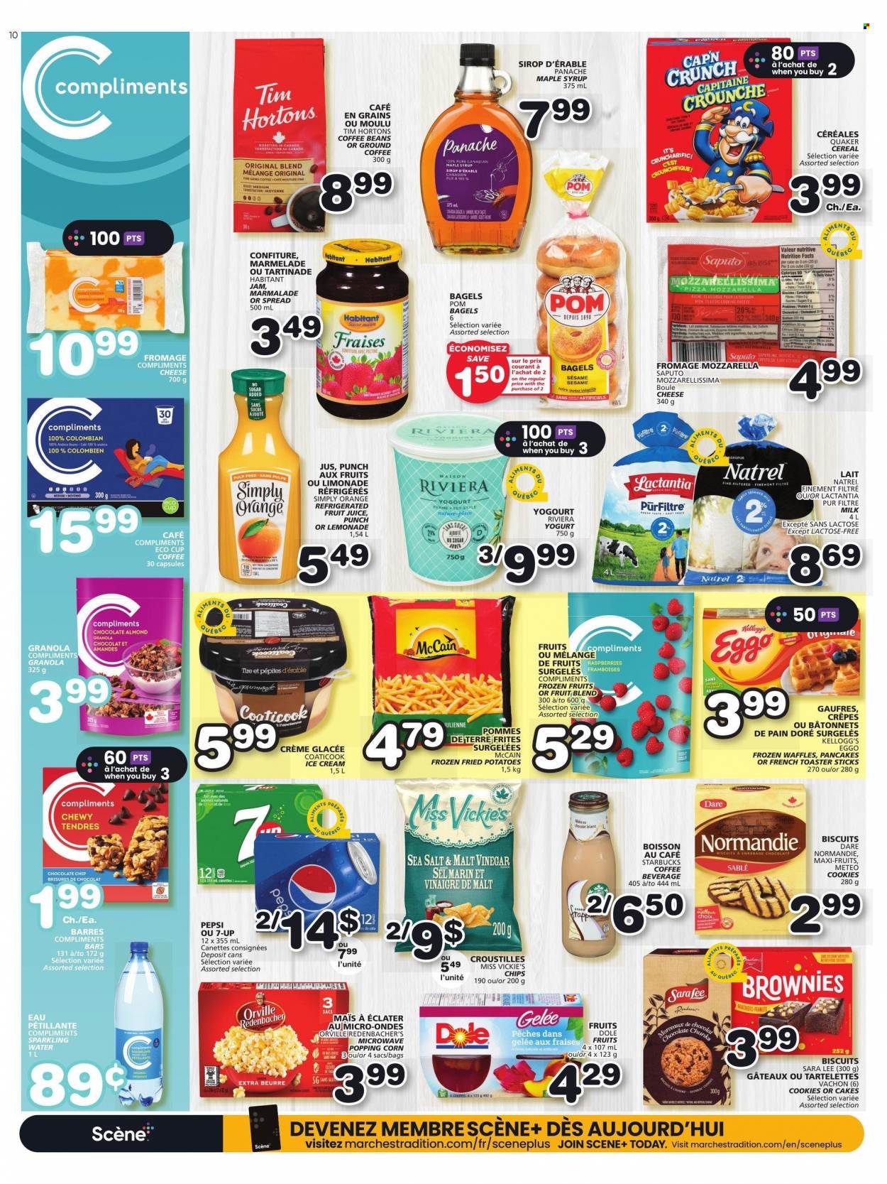 thumbnail - IGA Flyer - March 23, 2023 - March 29, 2023 - Sales products - bagels, cake, Sara Lee, brownies, waffles, corn, potatoes, Dole, pizza, Quaker, yoghurt, milk, ice cream, McCain, cookies, chocolate chips, Kellogg's, biscuit, sugar, cereals, maple syrup, fruit jam, syrup, lemonade, Pepsi, juice, fruit juice, 7UP, sparkling water, water, coffee, coffee beans, ground coffee, L'Or, Starbucks, punch, granola. Page 10.