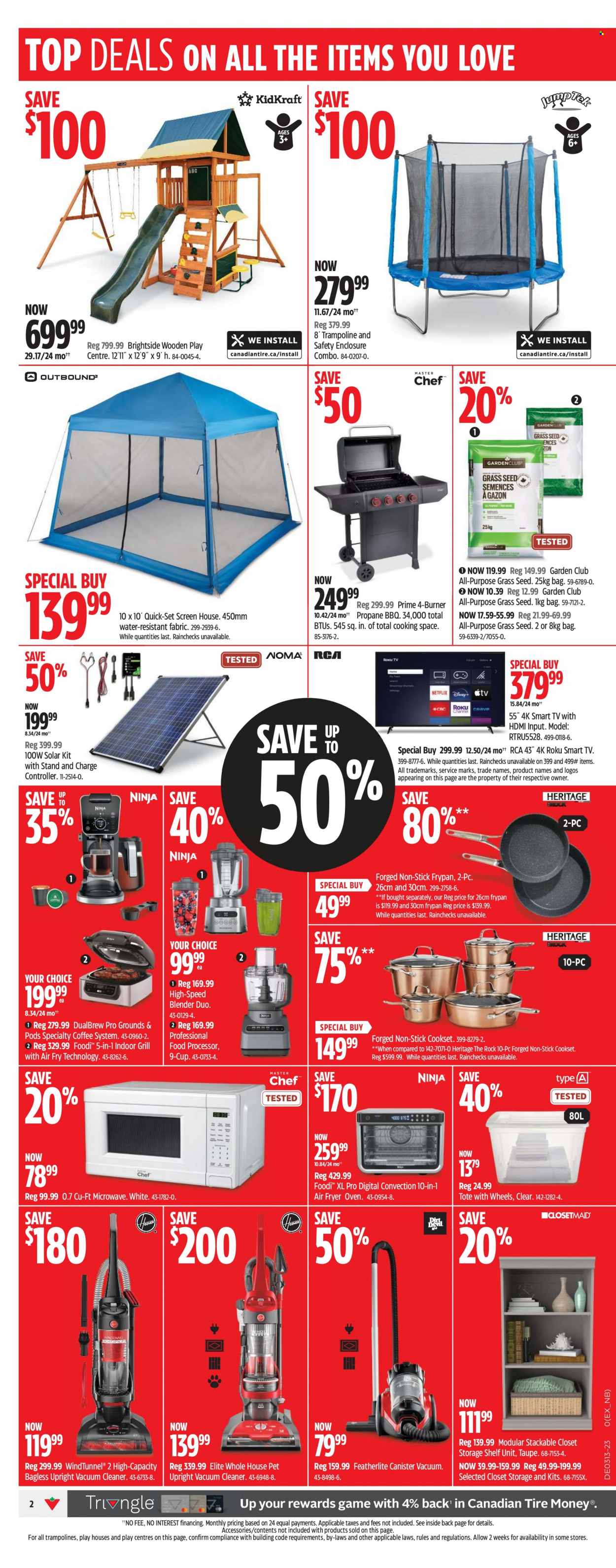 thumbnail - Canadian Tire Flyer - March 23, 2023 - March 30, 2023 - Sales products - cup, frying pan, TV, RCA, oven, microwave, vacuum cleaner, food processor, shelf unit, closet system, trampoline, grill, plant seeds, grass seed, blender, smart tv. Page 2.