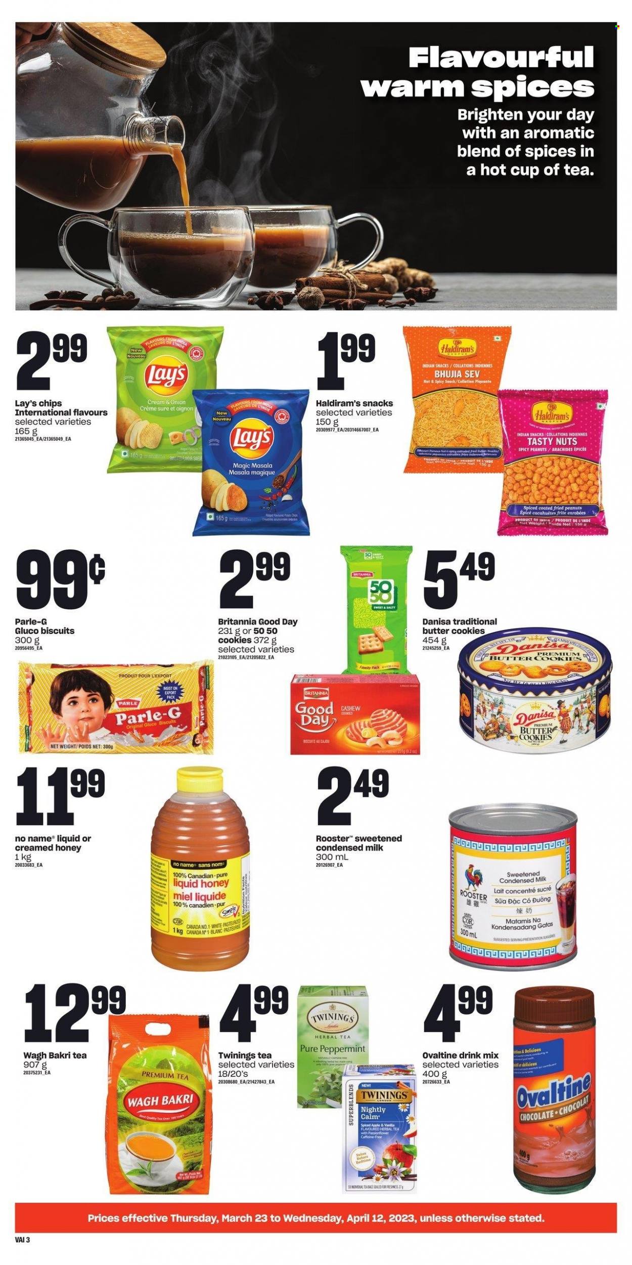 thumbnail - Loblaws Flyer - March 23, 2023 - April 12, 2023 - Sales products - No Name, condensed milk, cookies, chocolate, butter cookies, snack, biscuit, Parle, chips, Lay’s, bhujia, honey, peanuts, tea, herbal tea, Twinings, DAC, Sure. Page 3.